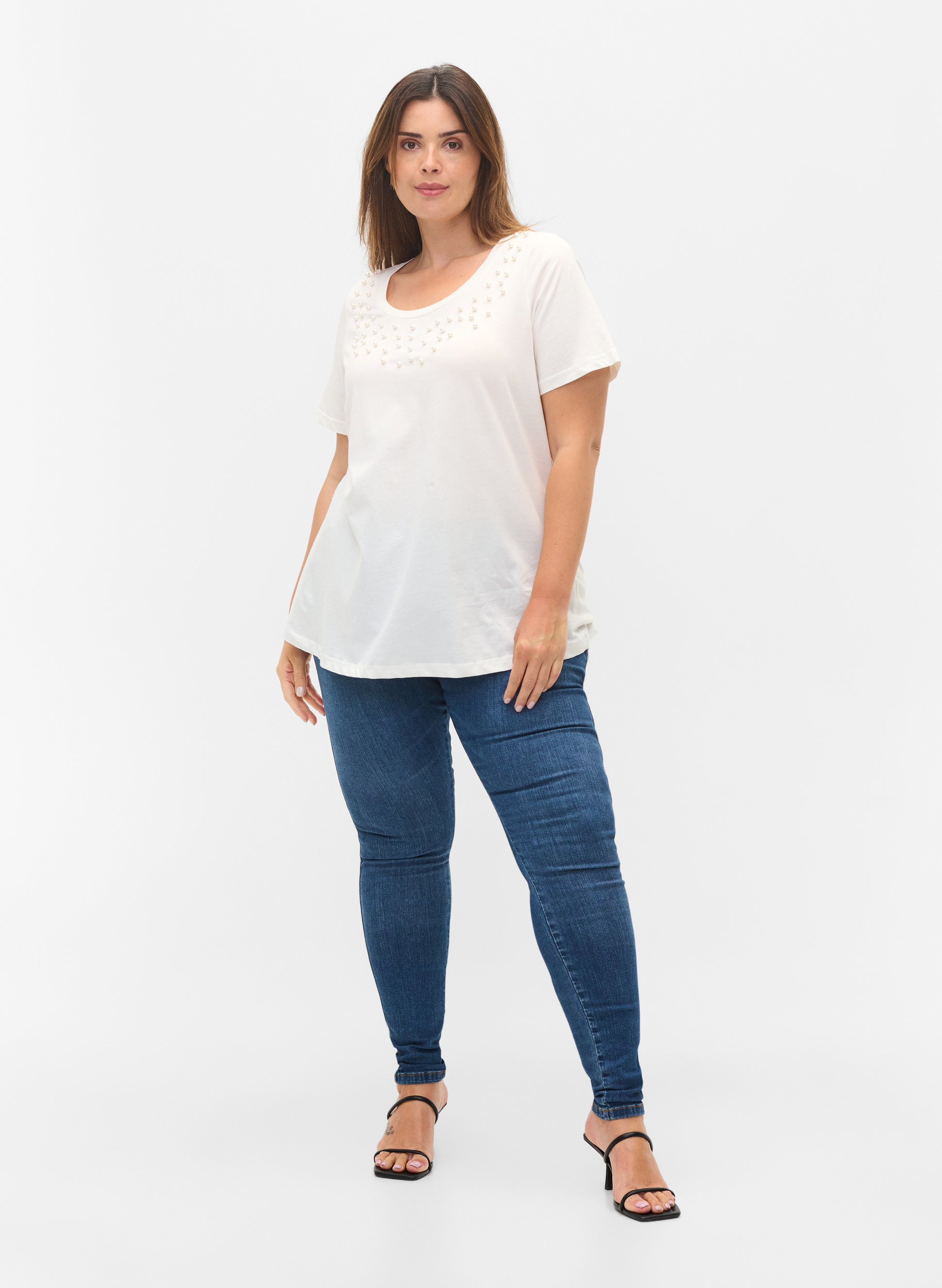 T-skjorte i bomull med perler, Warm Off-white, Model image number 2