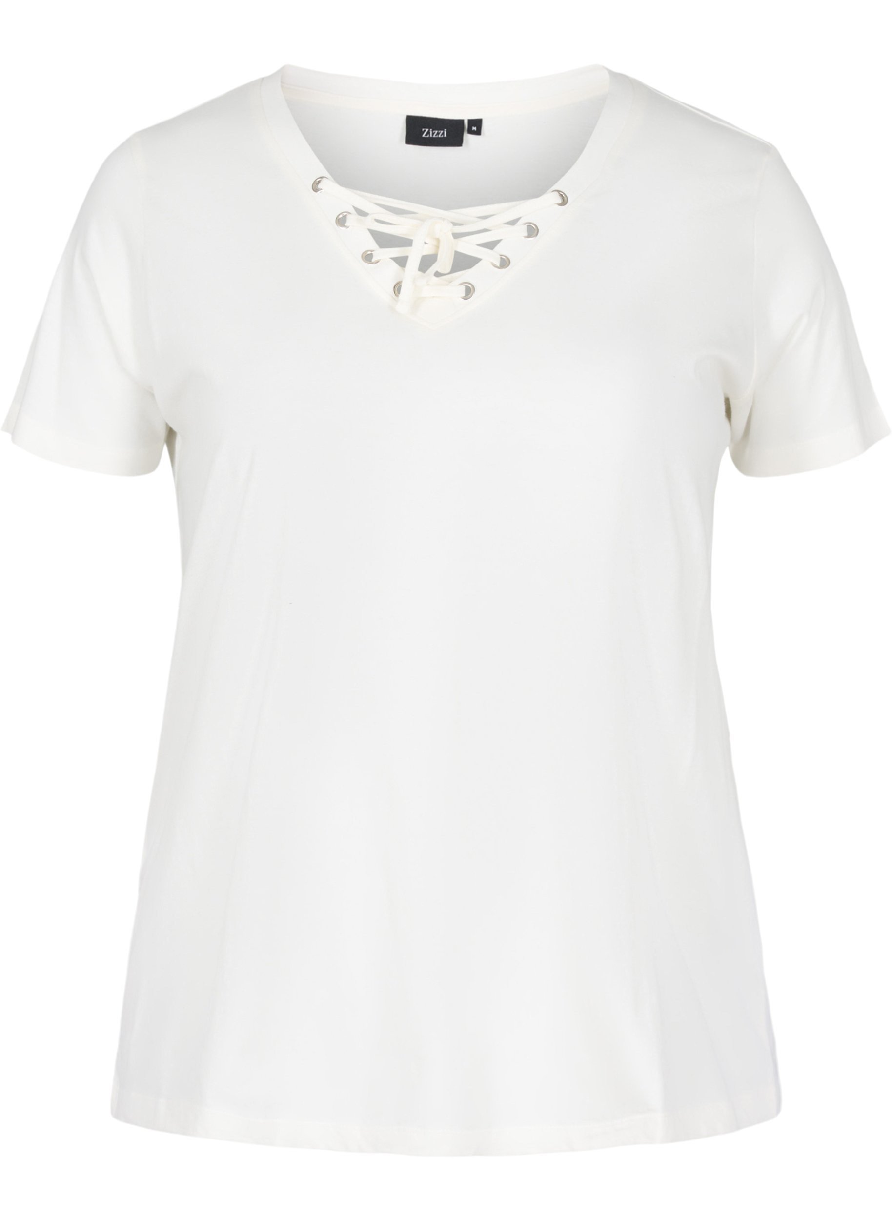T-skjorte i økologisk bomull med snøredetalj, Warm Off-white, Packshot image number 0