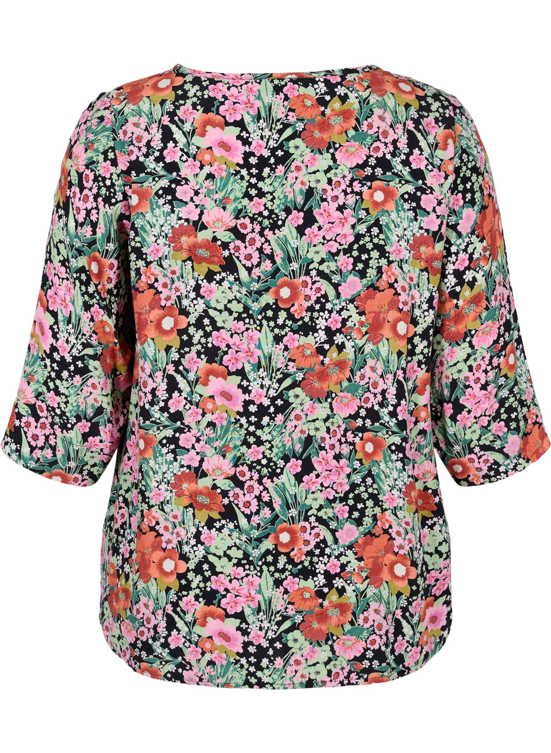 Blomstrete bluse med 3/4-ermer, Green Flower AOP, Packshot image number 1