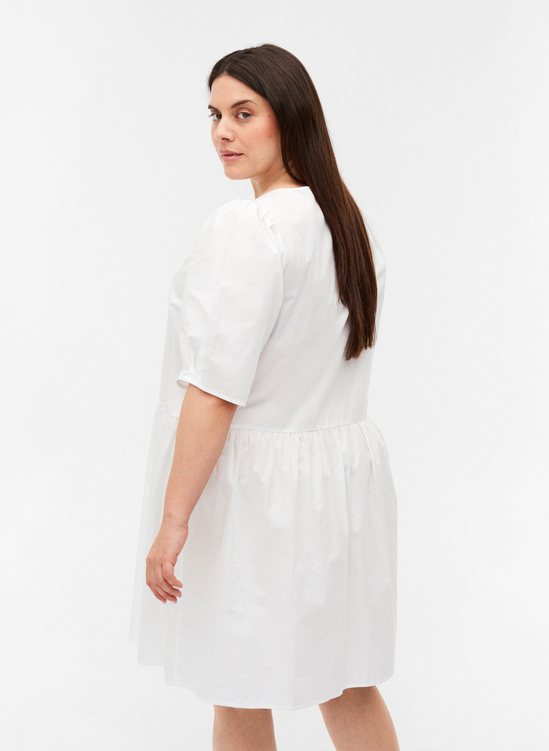 Skjortekjole i bomull med puffermer, Bright White, Model image number 1