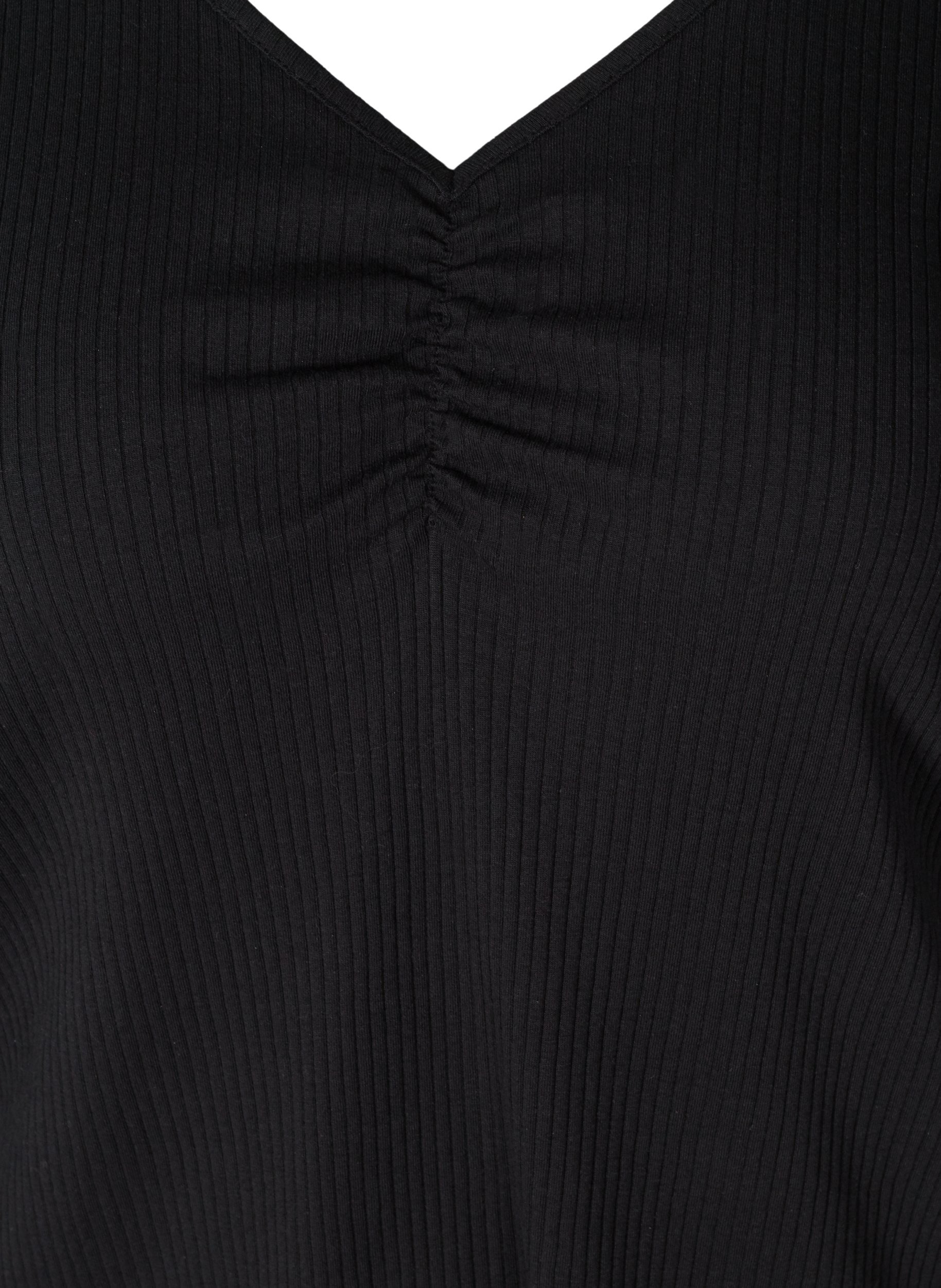 Langermet bluse med ribbet struktur og V-hals, Black, Packshot image number 2