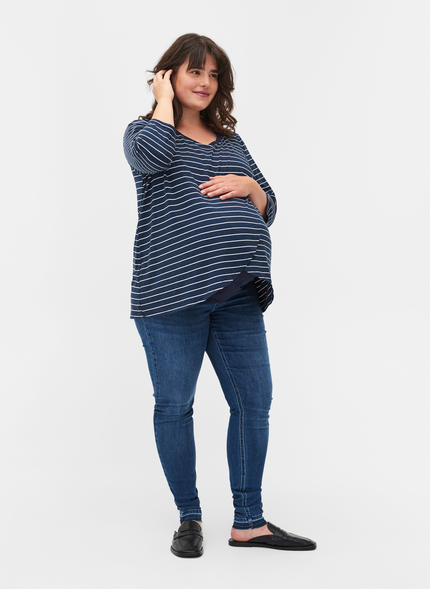 Stripete bluse til gravide med 3/4-ermer, Blue Stripe , Model image number 2