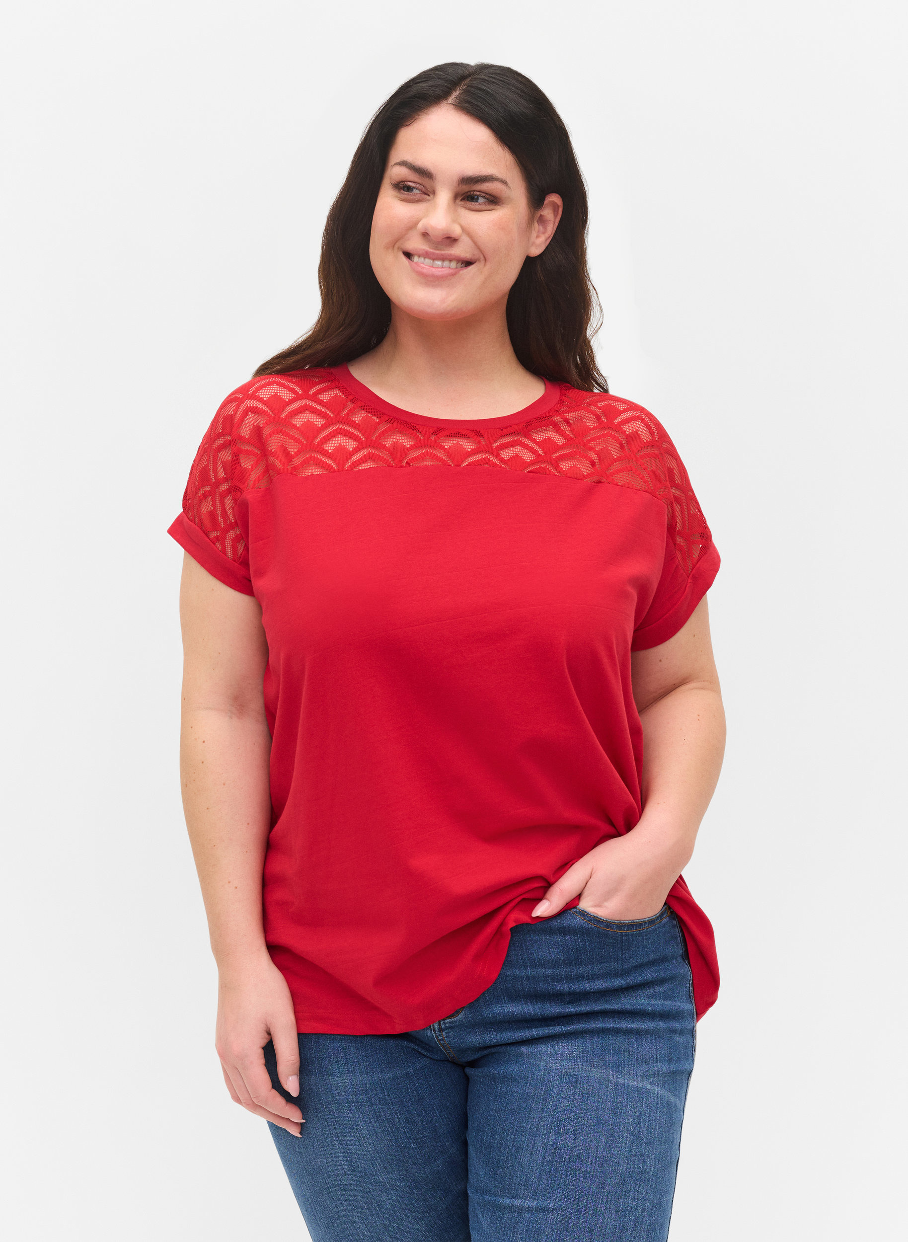 T-skjorte i bomull med blonder, Tango Red, Model image number 0