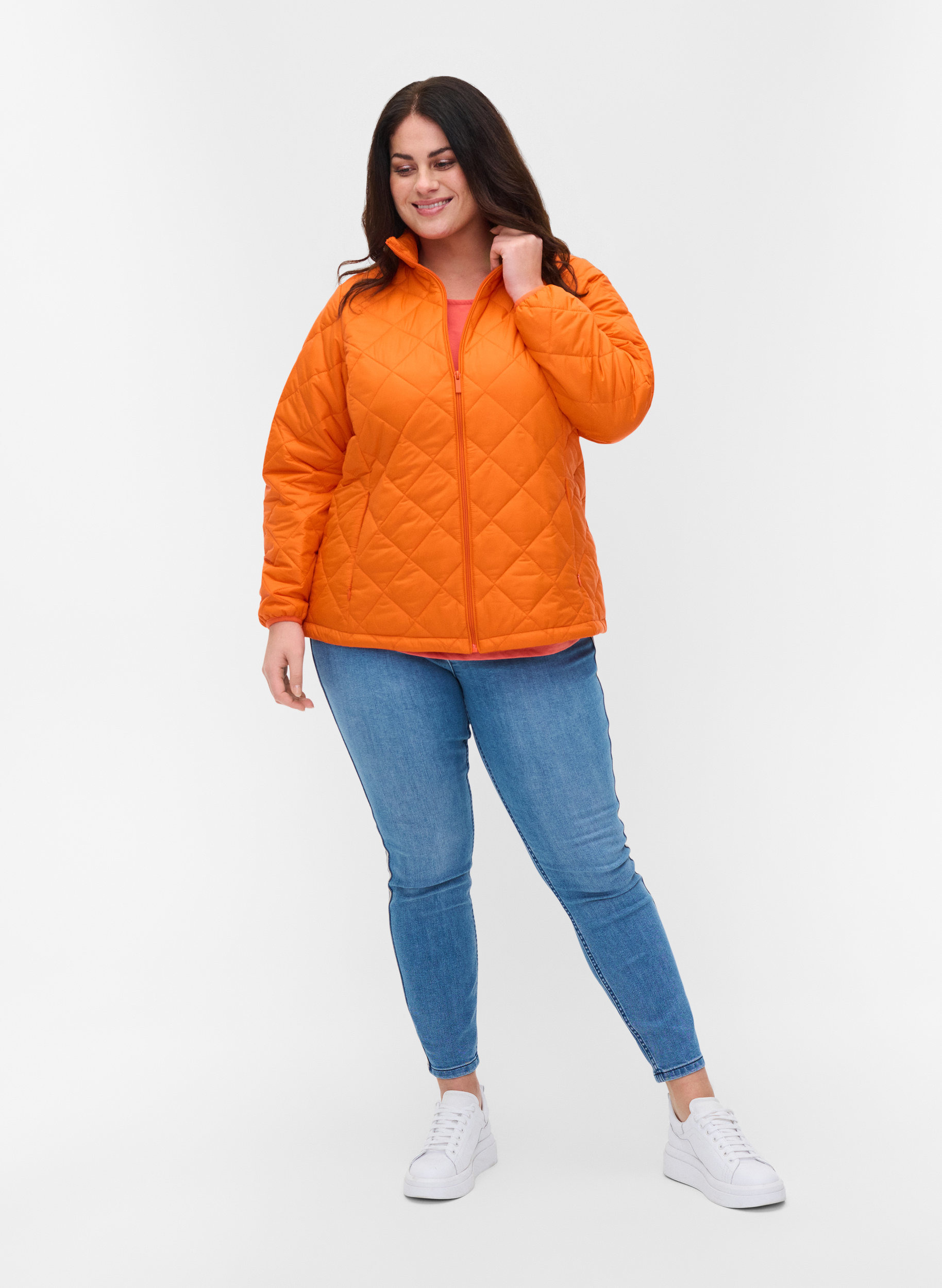 Quiltet lett jakke med glidelås og lommer, Mandarin Orange, Model image number 2