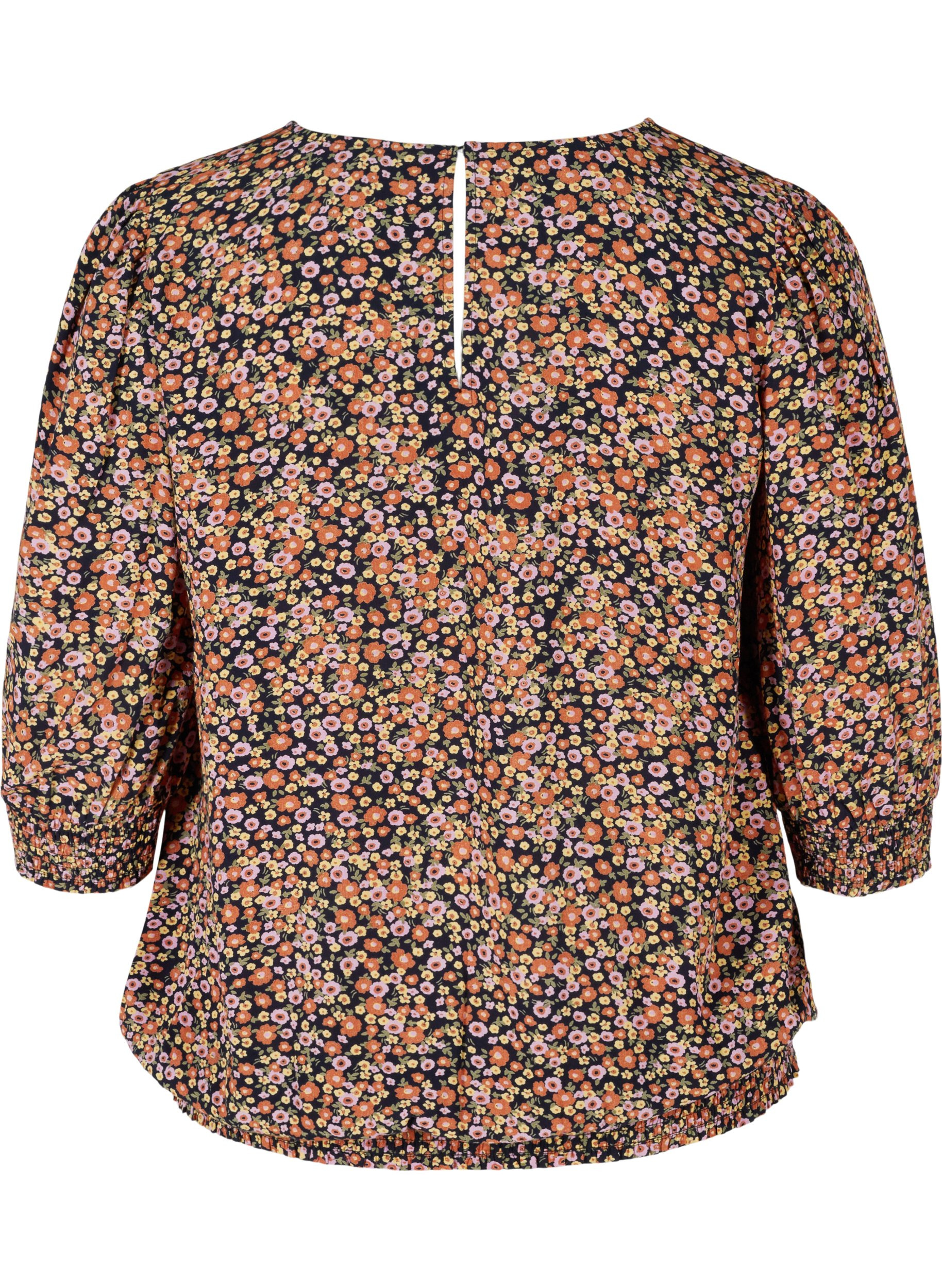 Mønstrete bluse med smock og 3/4-ermer, Ditsy Flower AOP, Packshot image number 1