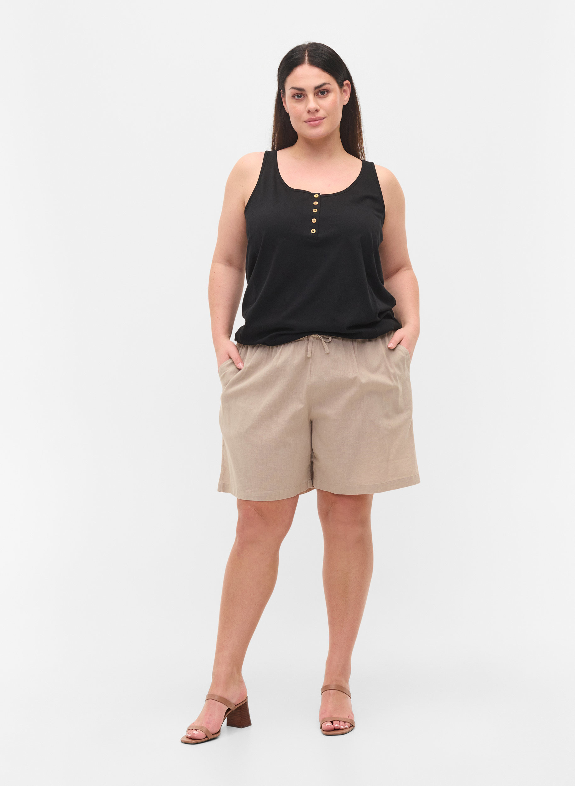 Løse shorts i bomullsmiks med lin, Simply Taupe, Model