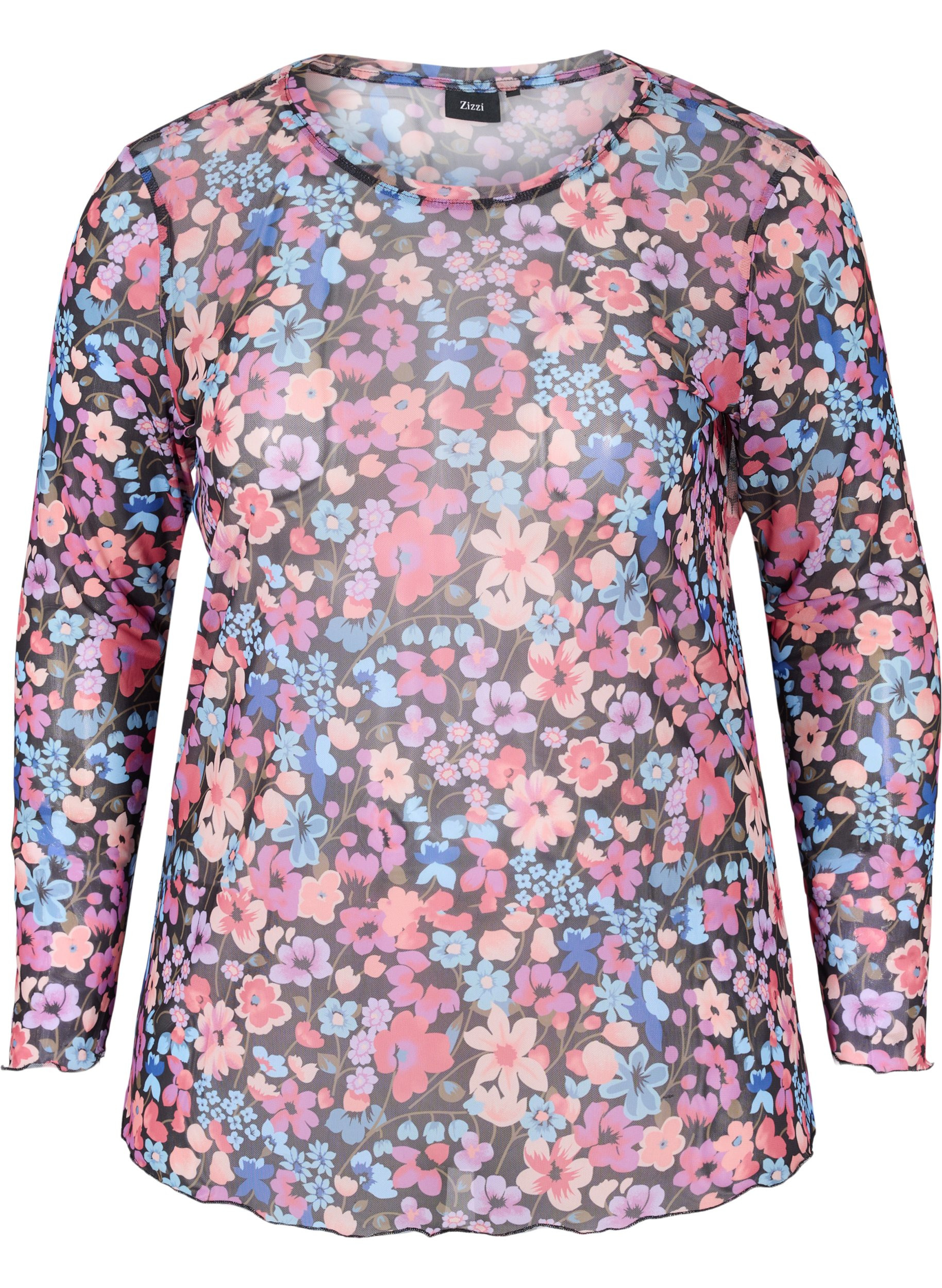 Tettsittende bluse i mesh og blomstermønster, Flower AOP, Packshot image number 0