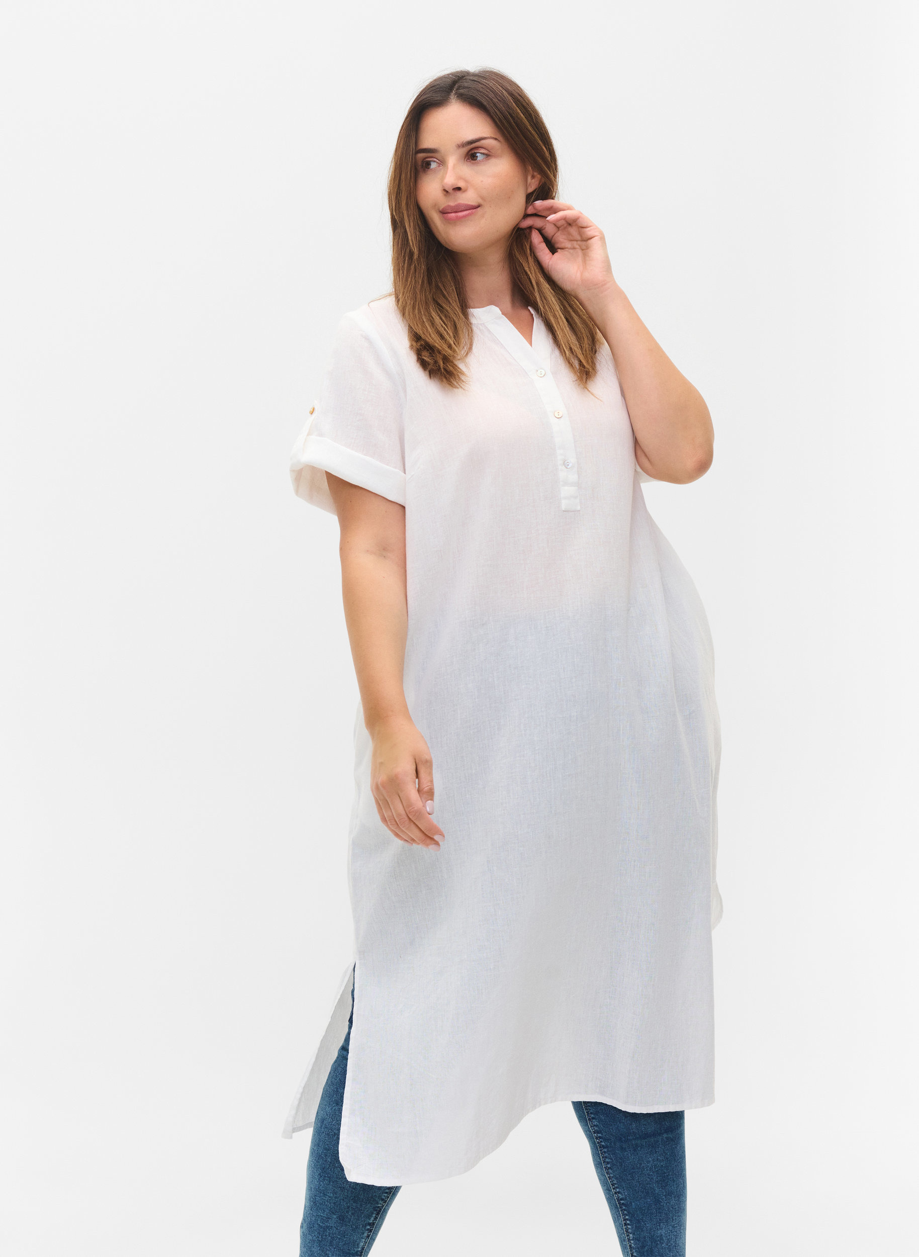 Lang skjortekjole med korte ermer, White, Model