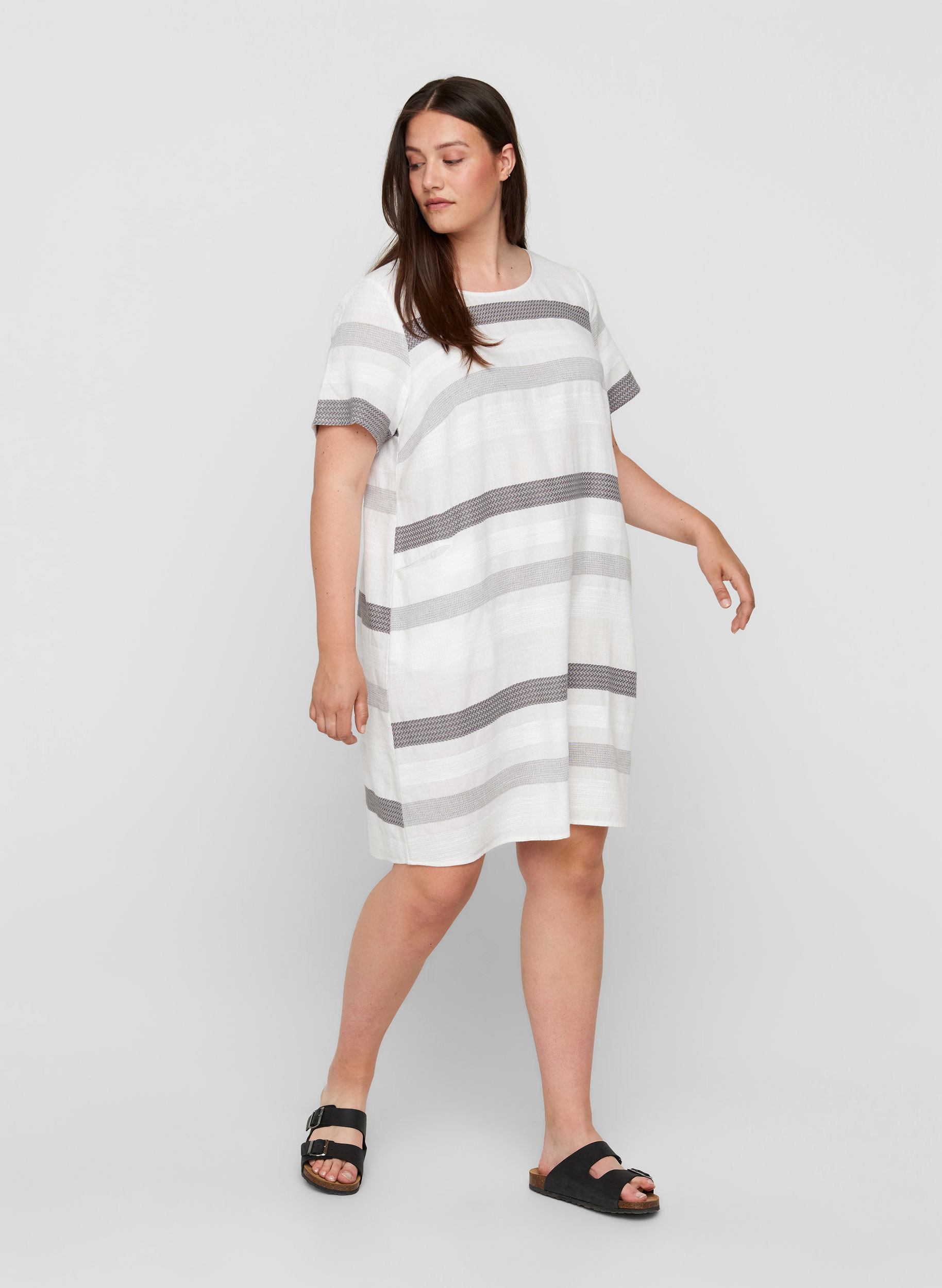 Stripete kjole med korte ermer, White Stripe, Model image number 2