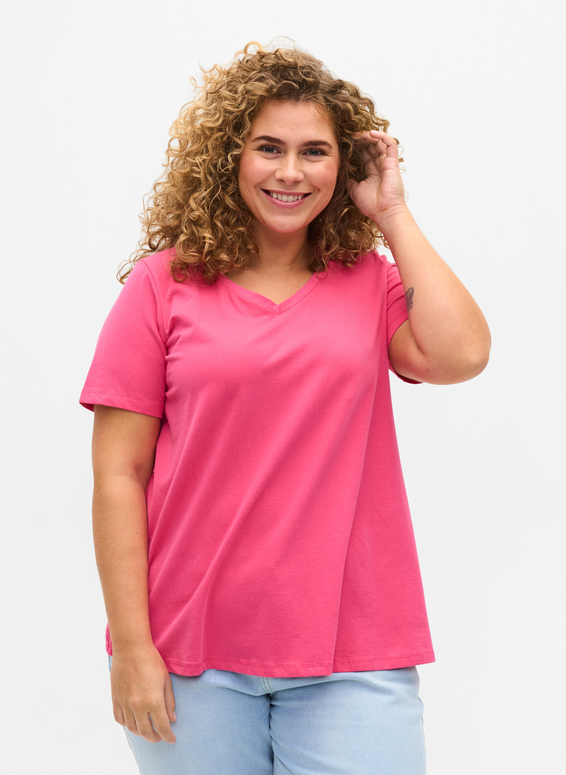 Basis T-skjorte med V-hals, Fandango Pink, Model image number 0