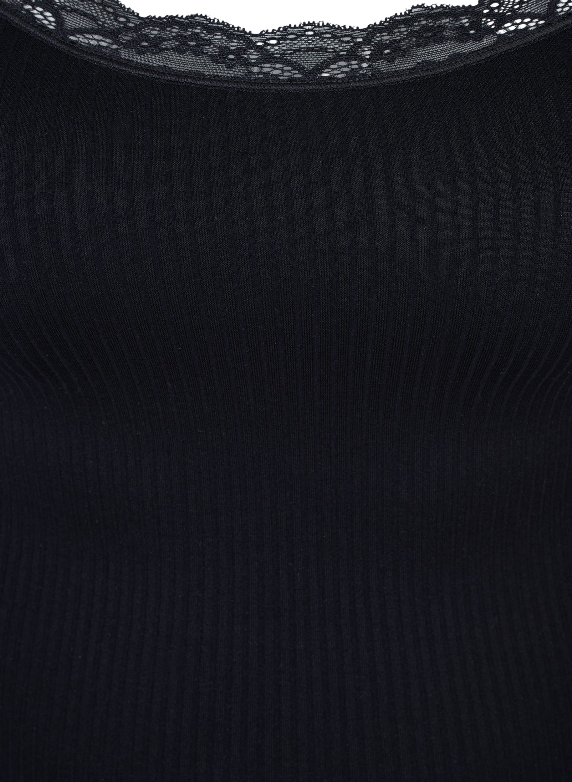 Ensfarget topp i et ribbet materiale med blonder, Black, Packshot image number 2