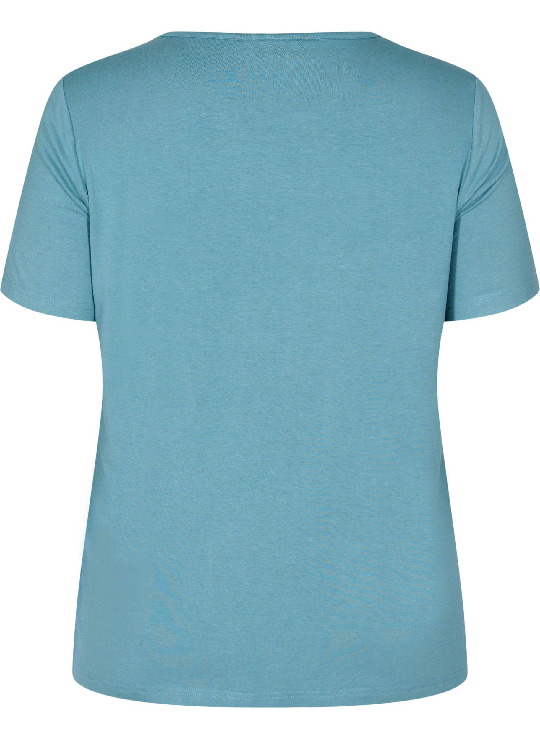 Kortermet T-skjorte av viskose med blondedetaljer, Smoke Blue, Packshot image number 1