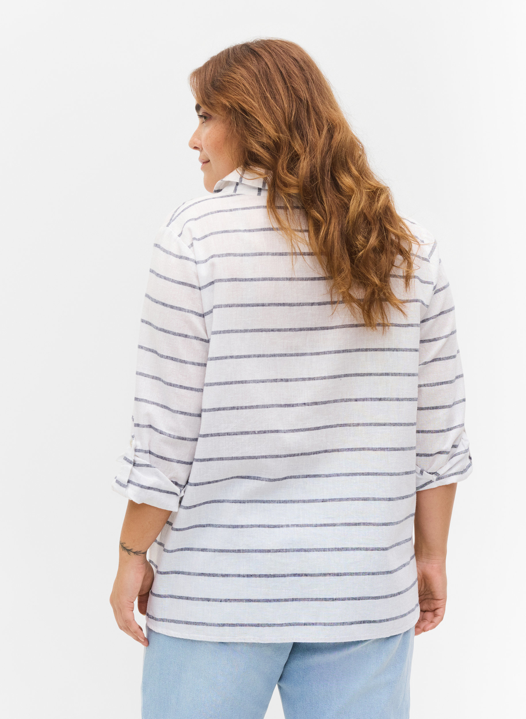 Bluse med 3/4-ermer og knapper, Navy Blazer stripe, Model
