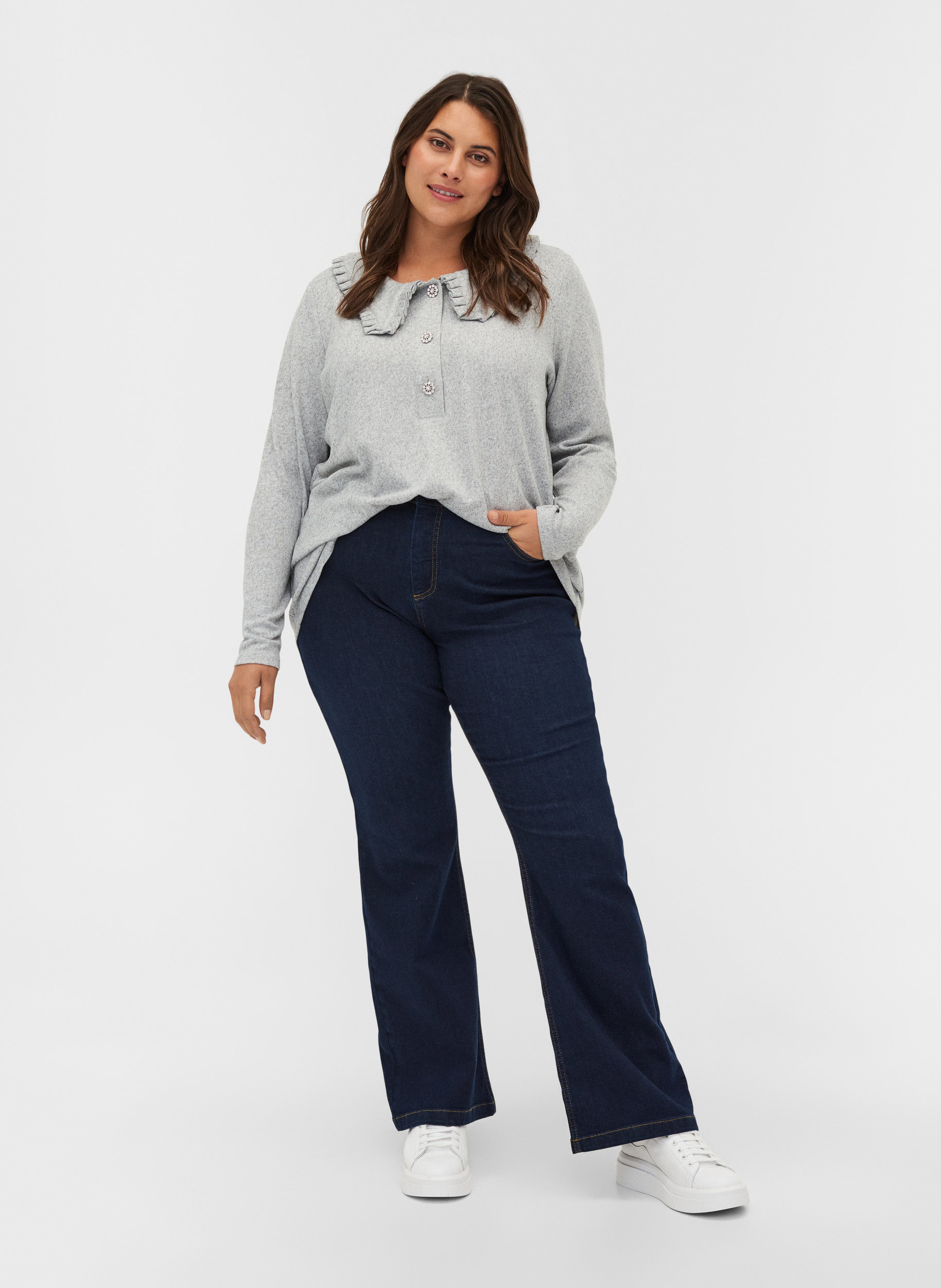 Ellen bootcut jeans med høyt liv , Dark blue denim, Model image number 0