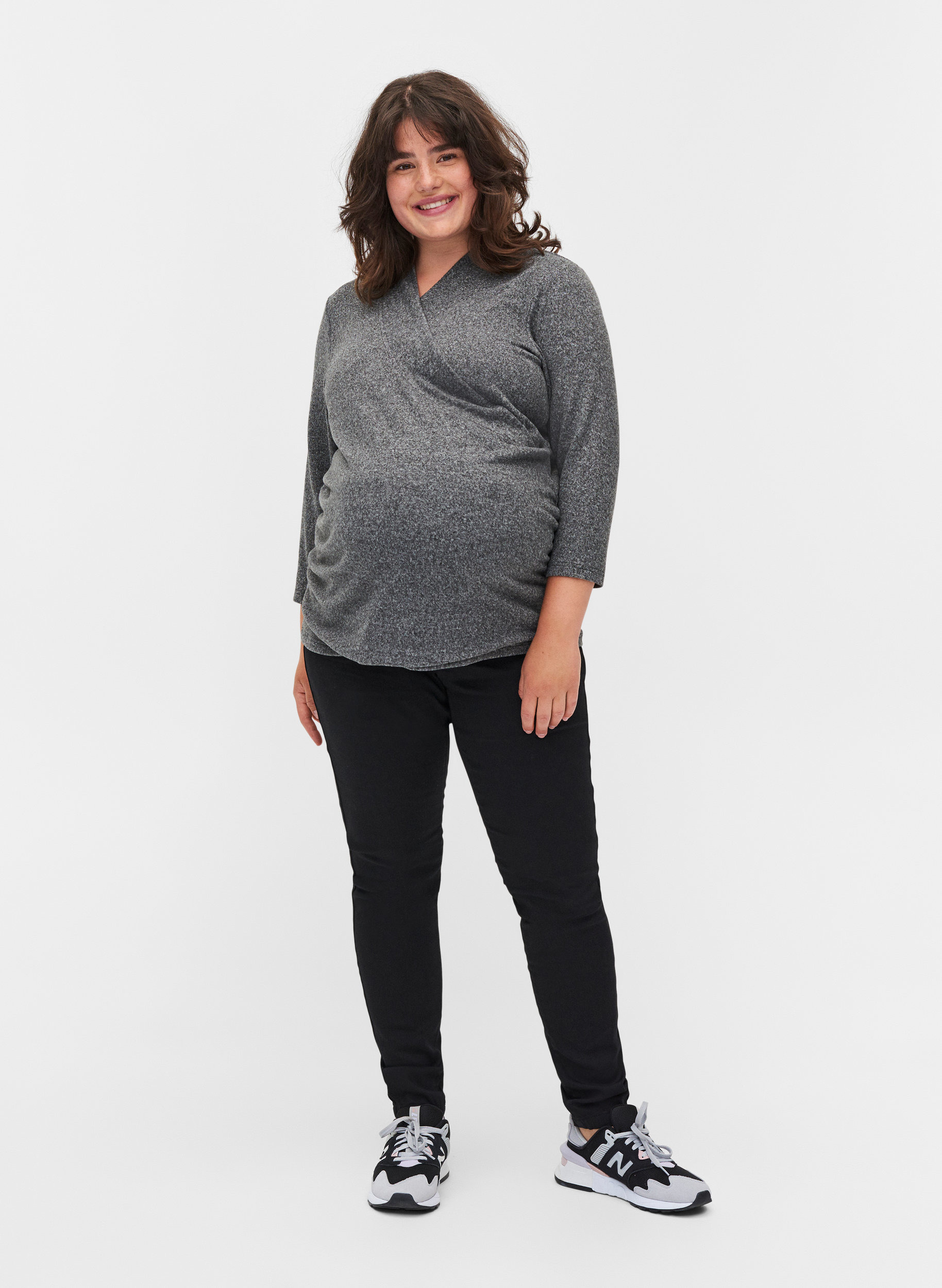 Bluse til gravide med 3/4-ermer og V-hals, Dark Grey Melange, Model image number 2