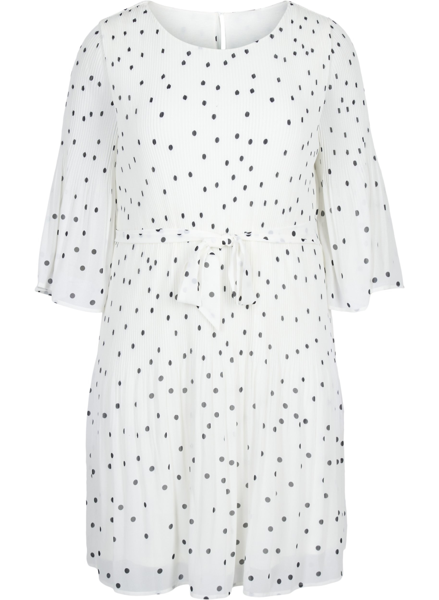 Mønstrete plissékjole med knyting, Bright White w. Dots, Packshot image number 0