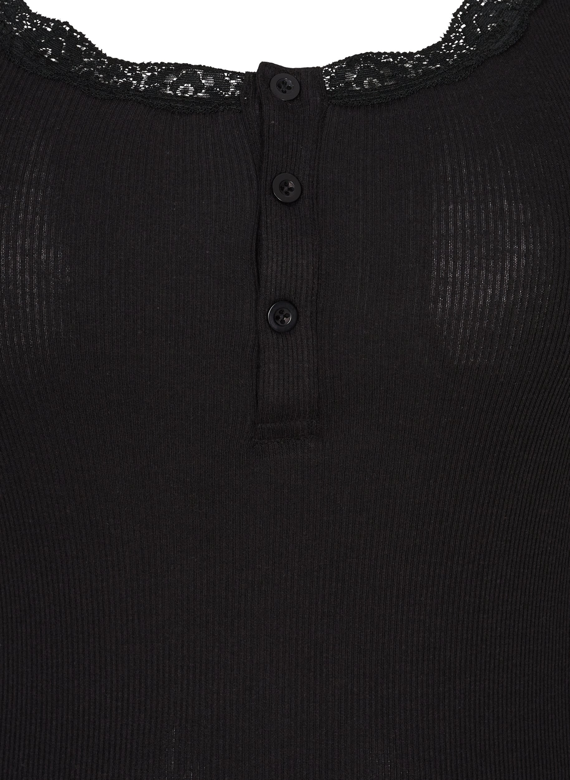 Ribbet tanktopp med blonder og knapper, Black, Packshot image number 2