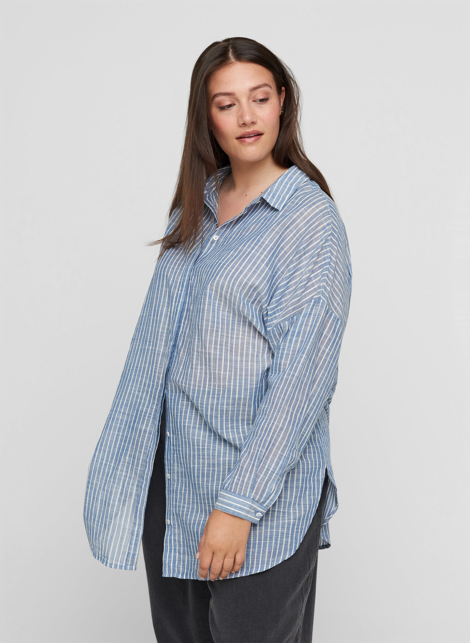 Lang stripete skjorte i bomull, Country Blue Stripe, Model image number 0