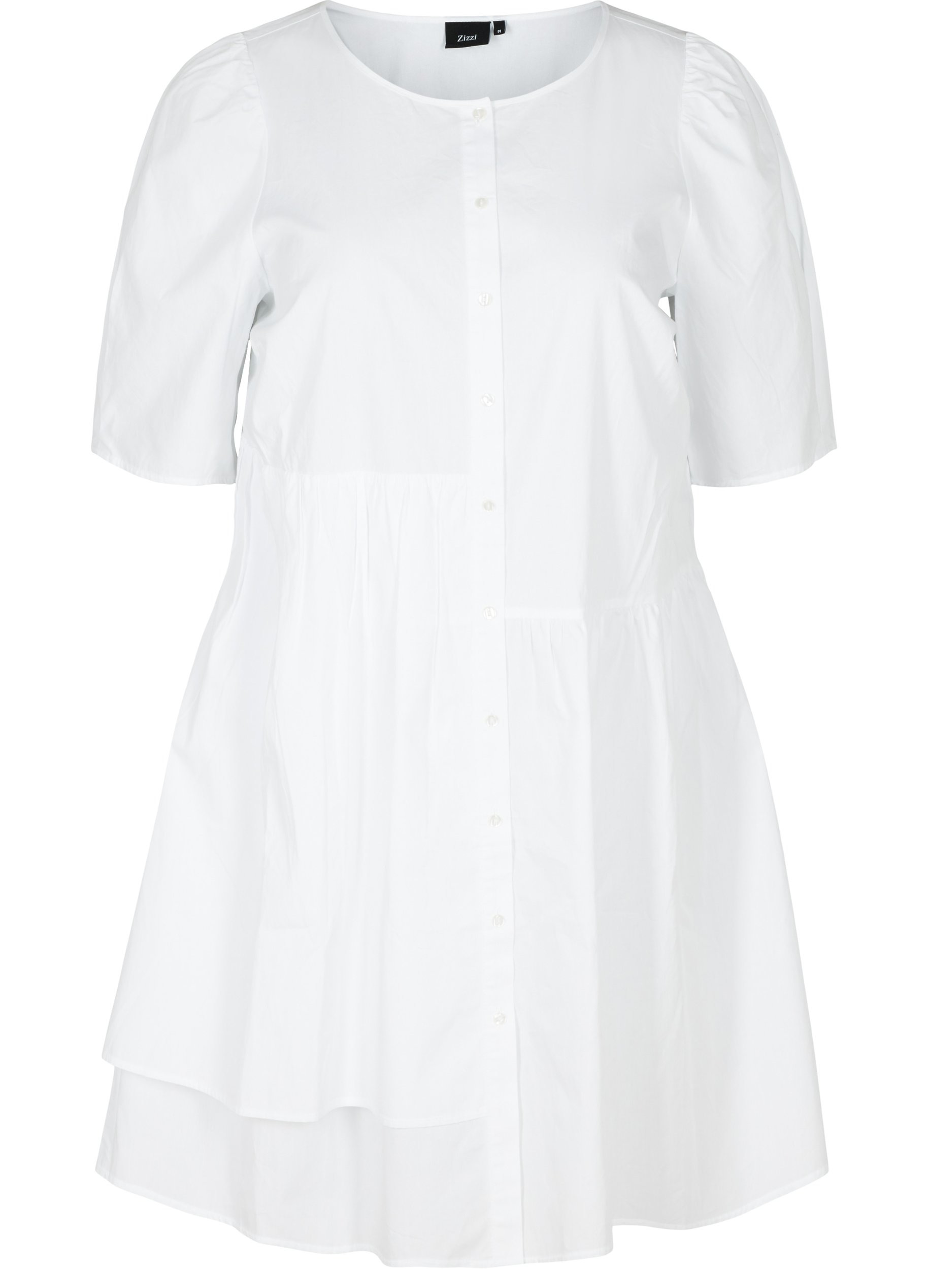 Skjortekjole i bomull med puffermer, Bright White, Packshot image number 0