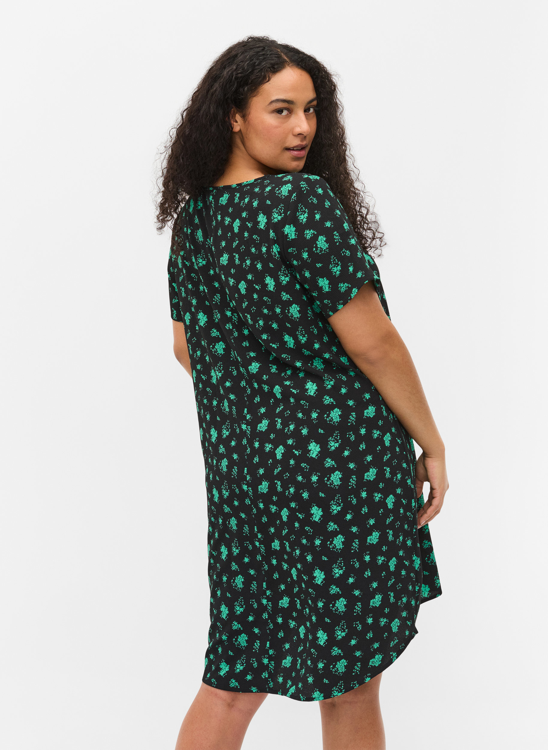 Mønstrete kjole med korte ermer, Green Flower AOP, Model image number 1