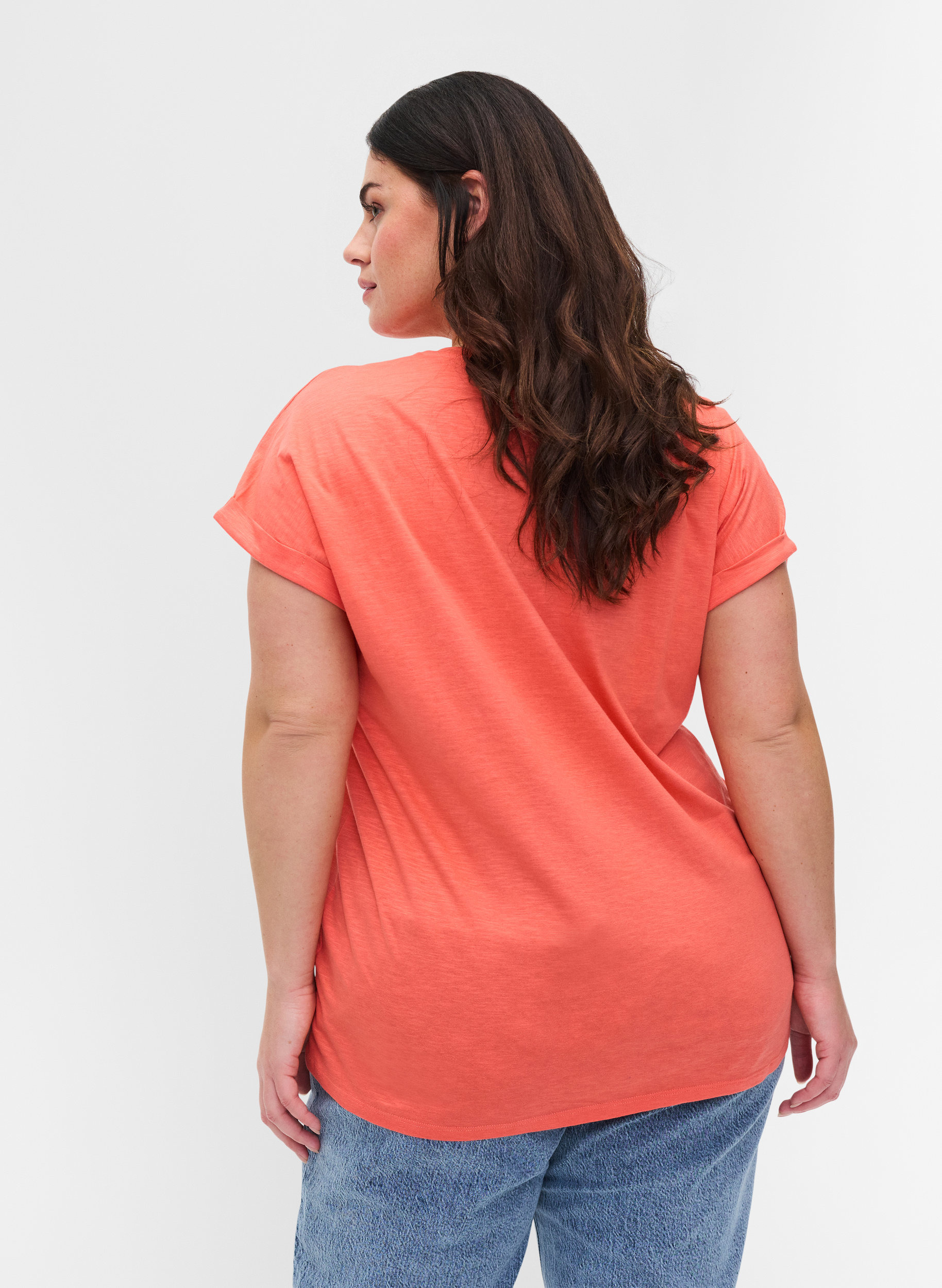 T-skjorte med trykk i økologisk bomull, Living Coral Text, Model image number 1