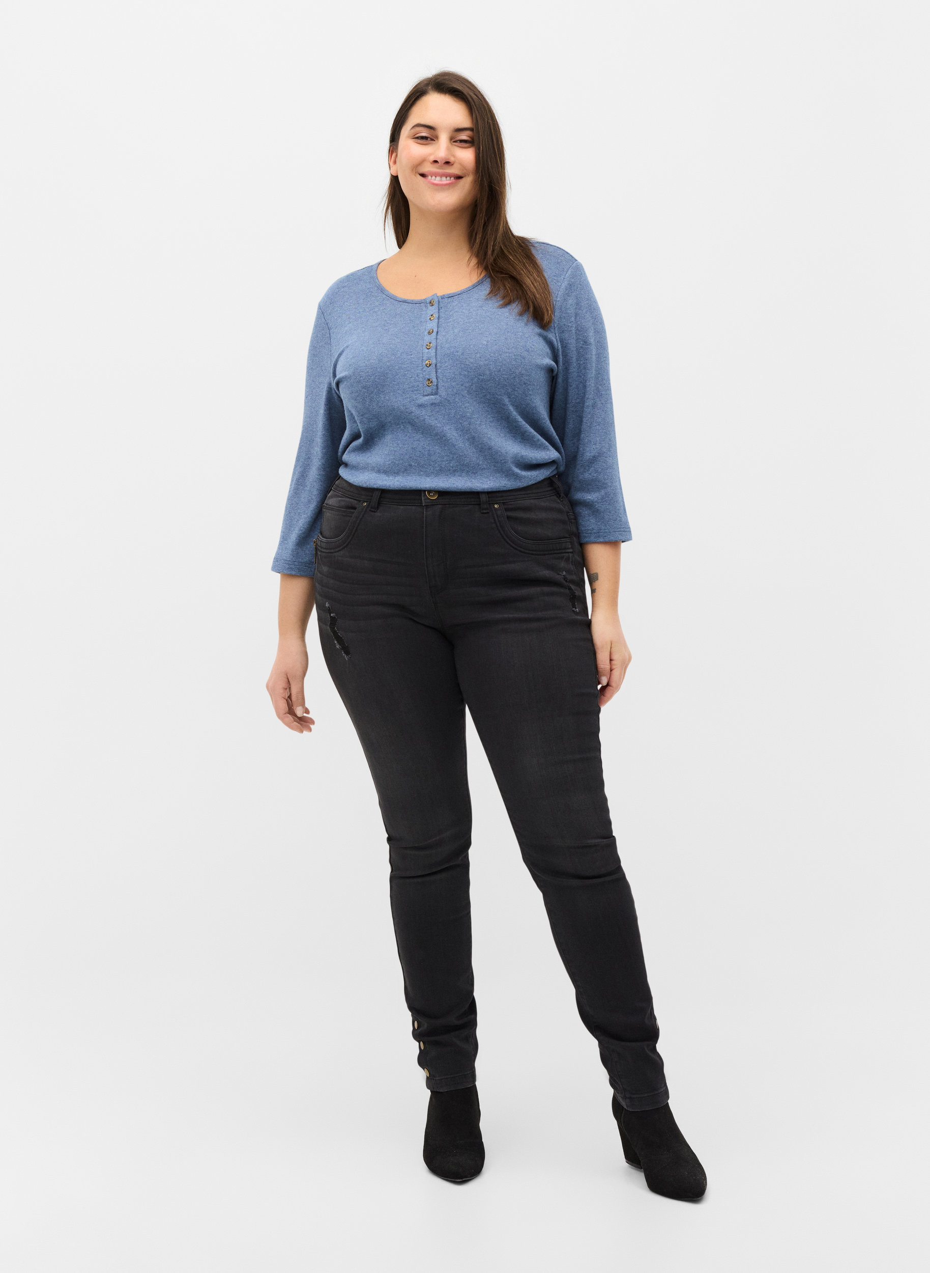 Super slim Amy jeans med splitt og knapper, Grey Denim, Model image number 0