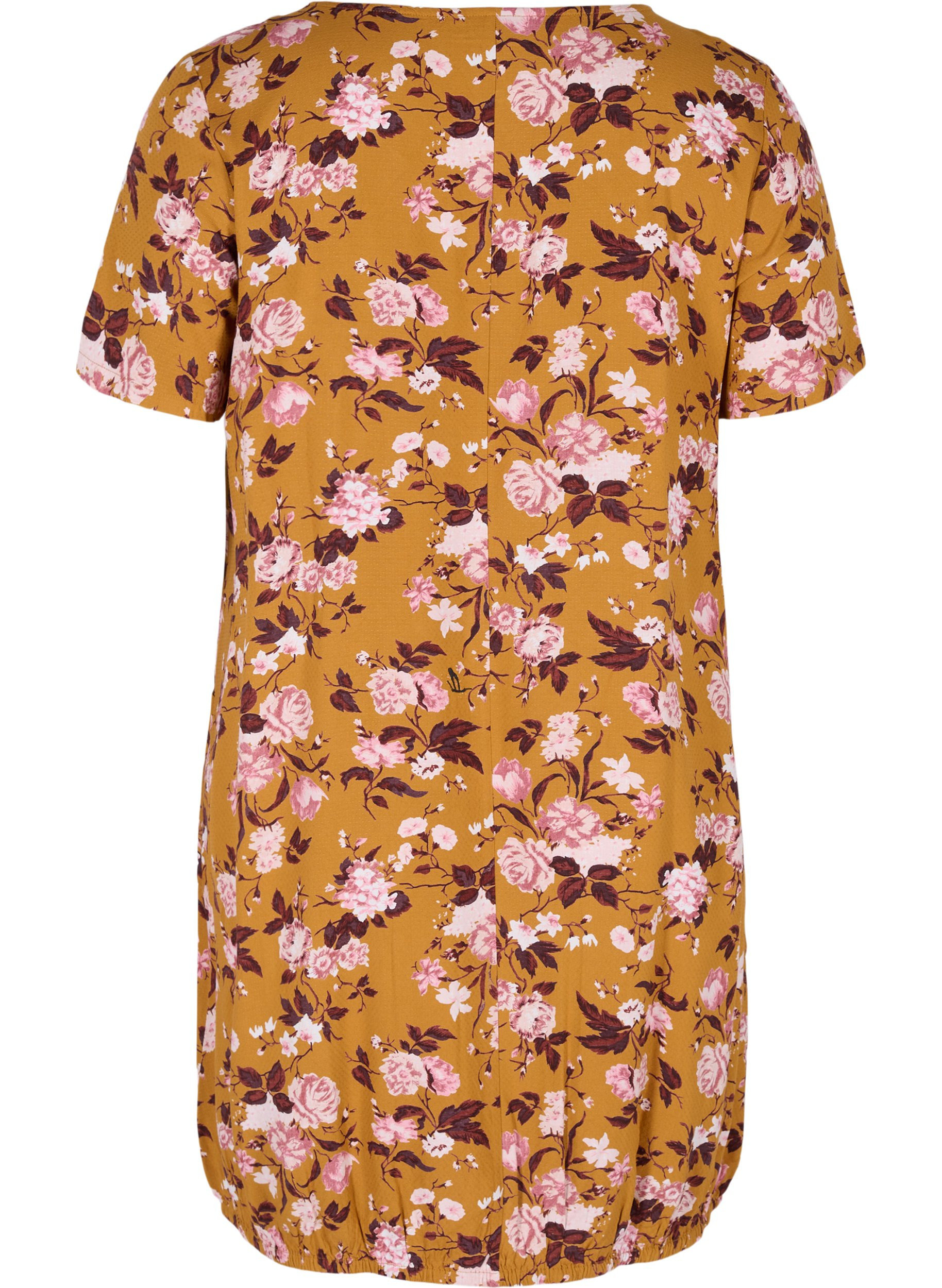 Kortermet viskosekjole med mønster, Yellow Flower, Packshot image number 1