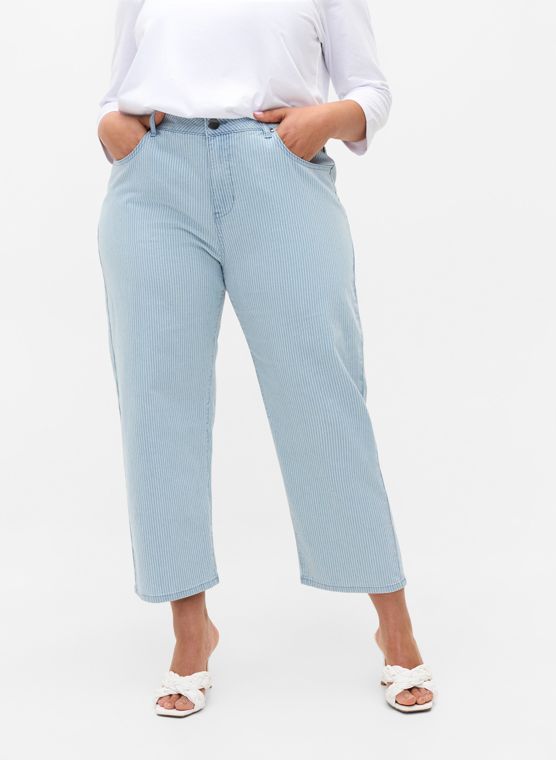 Straight jeans med ankellengde og striper, Light Blue Stripe, Model image number 1