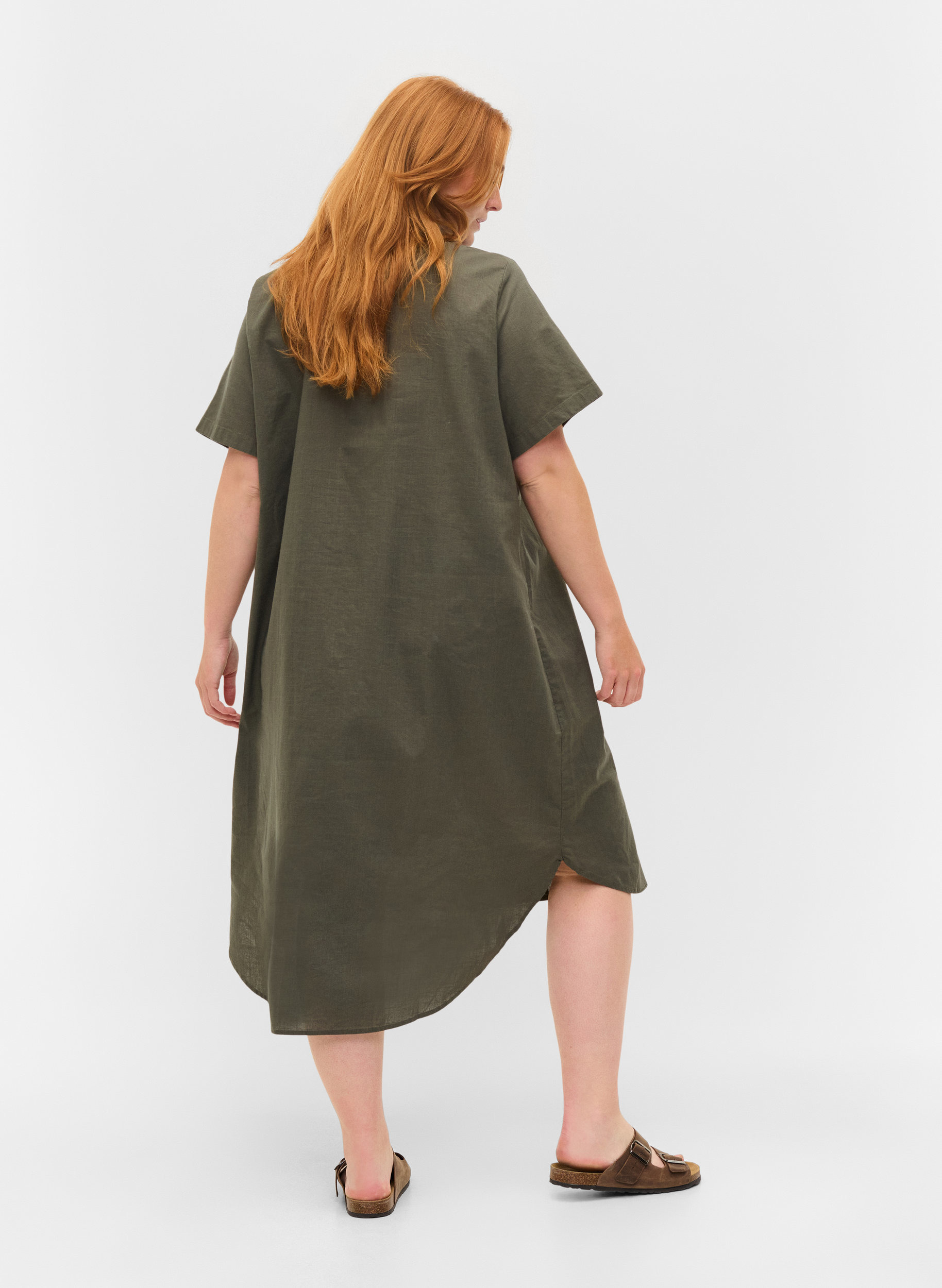 Lang bomullsskjorte med korte ermer, Dusty Olive, Model image number 1