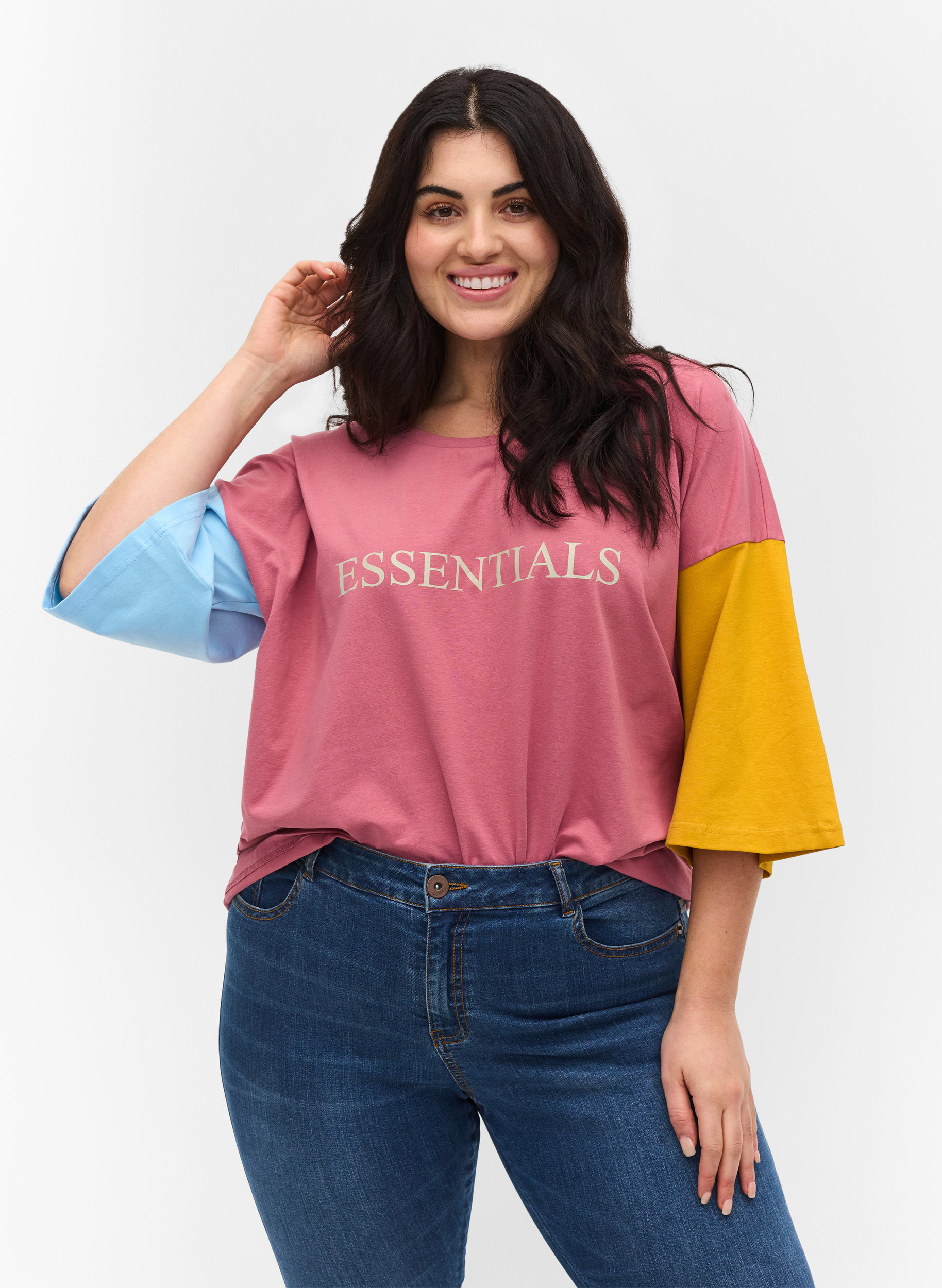 T-skjorte med colorblock og 2/4-ermer, Pink Blocking, Packshot image number 0