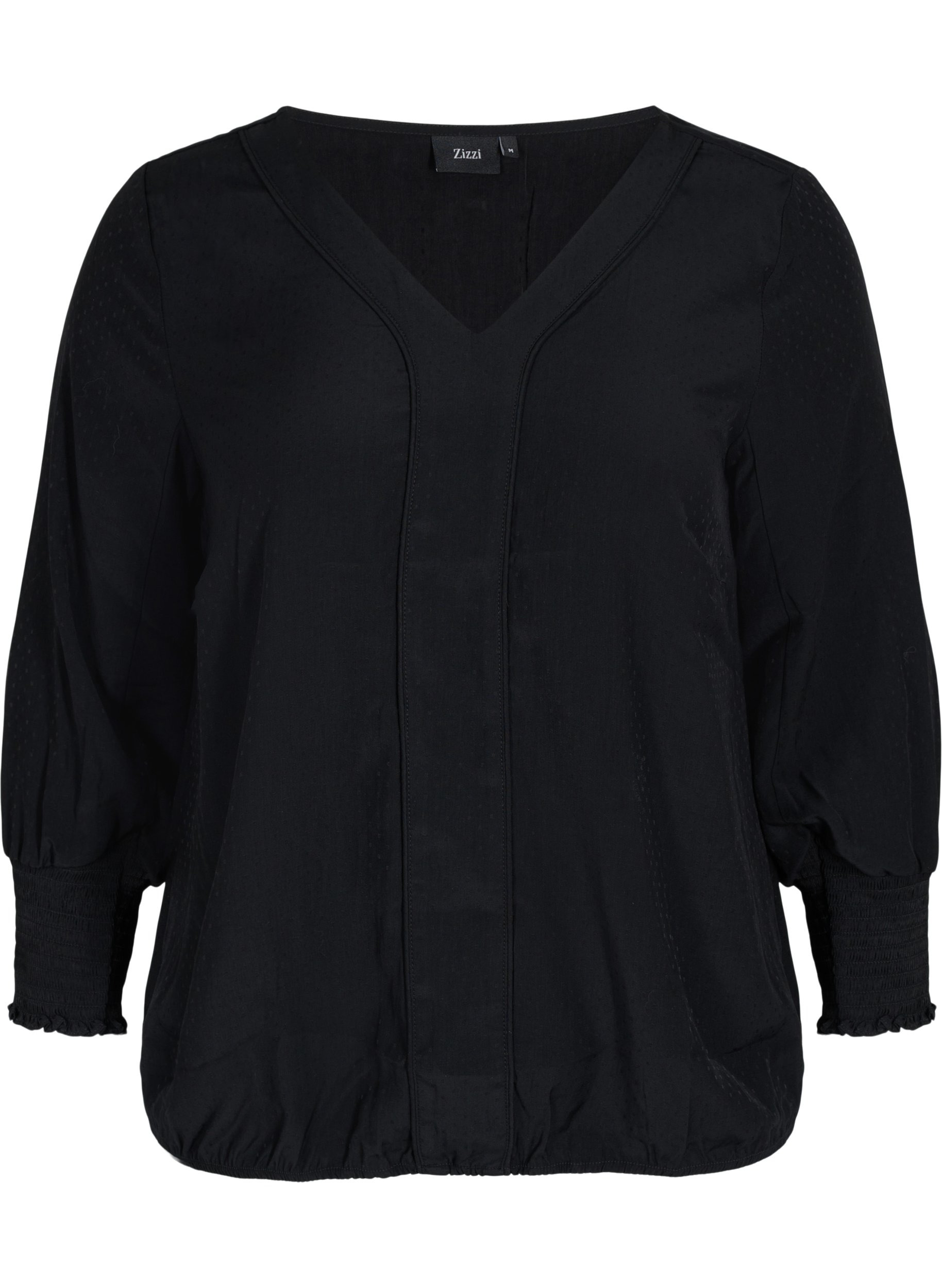 Bluse med V-hals og smock, Black, Packshot image number 0