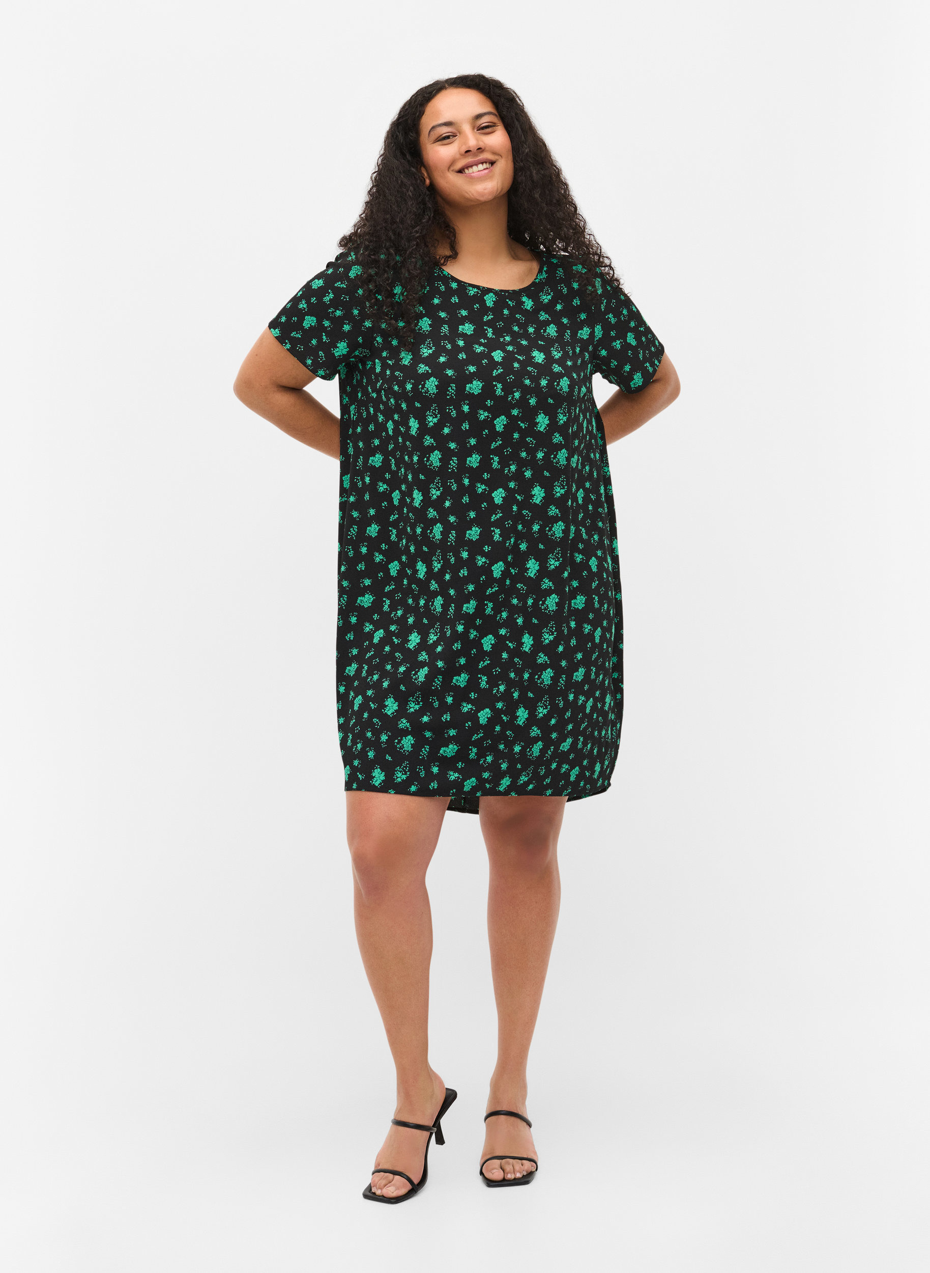 Mønstrete kjole med korte ermer, Green Flower AOP, Model image number 2