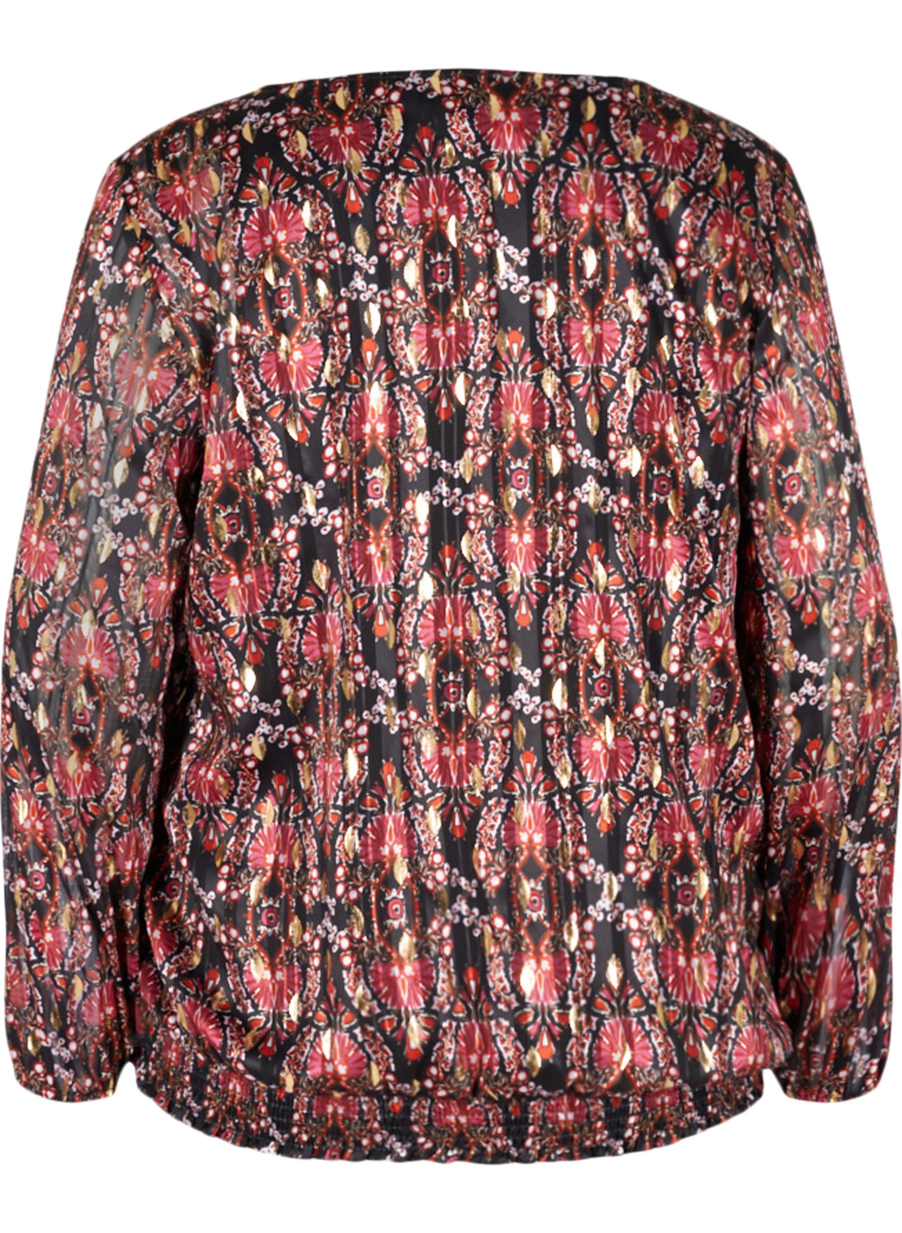 Mønstrete bluse med lange ermer og smock, Black Oriental, Packshot image number 1