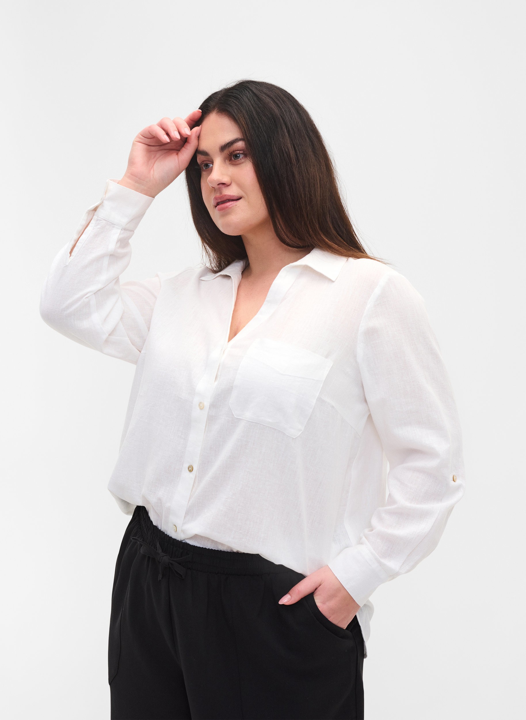 Bluse med 3/4-ermer og knapper, White, Model