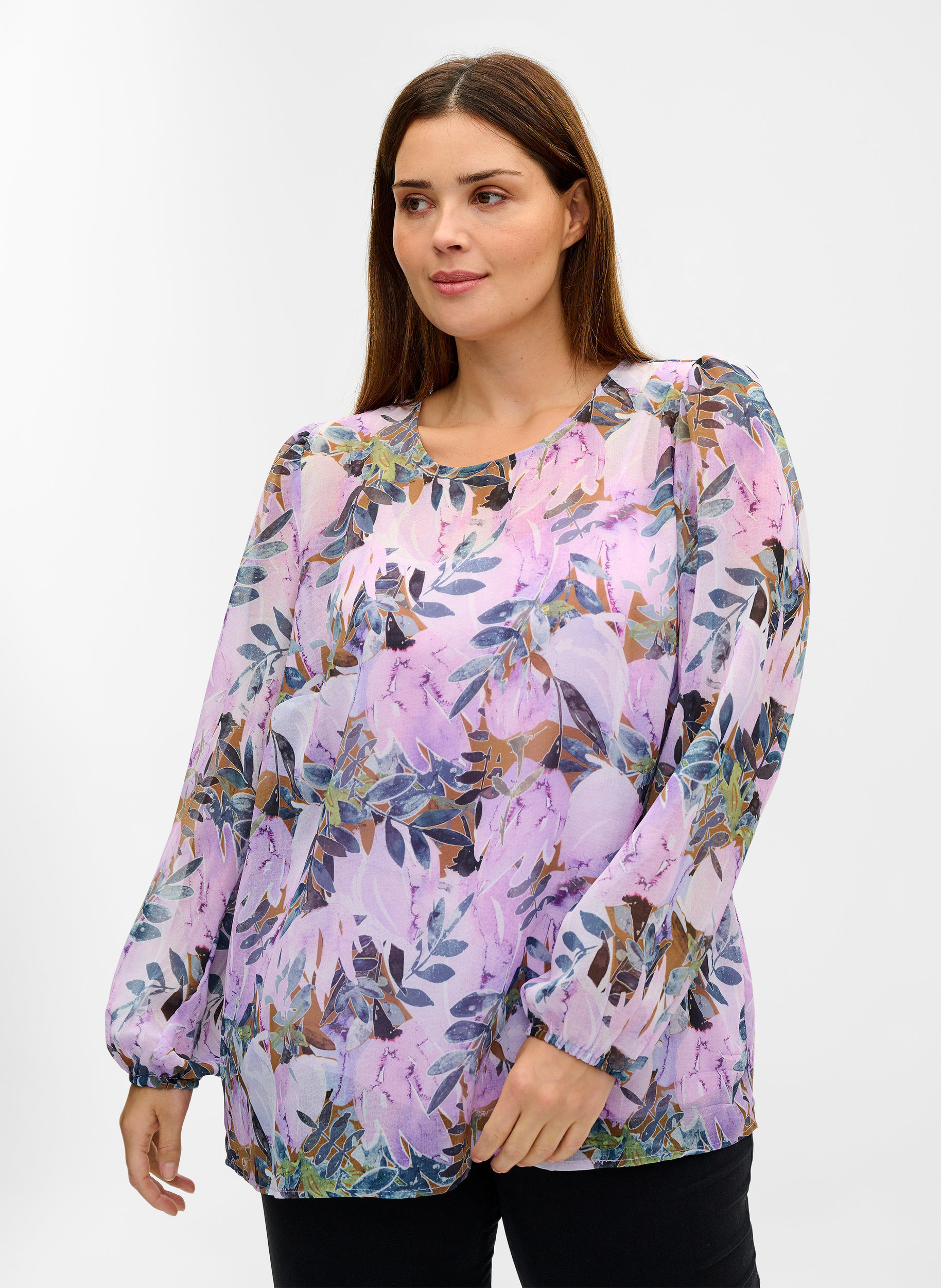 Mønstrete bluse med lange ermer, Orchid Bouquet AOP, Model image number 0