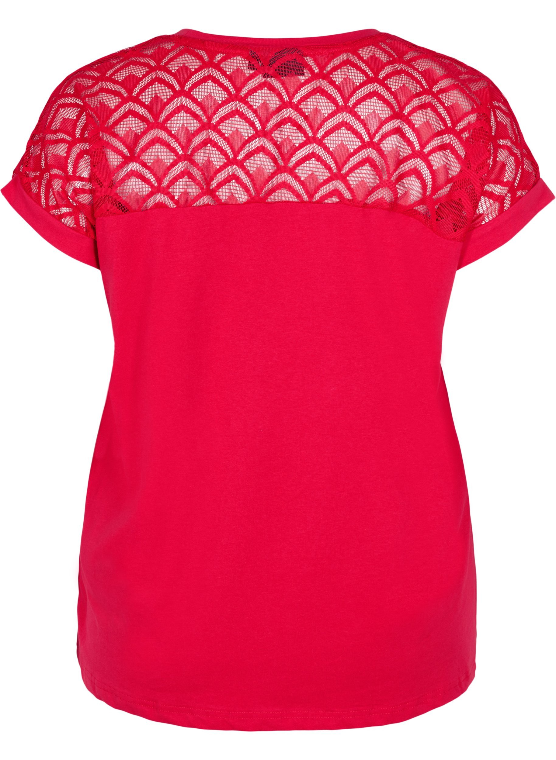 T-skjorte i bomull med blonder, Tango Red, Packshot image number 1