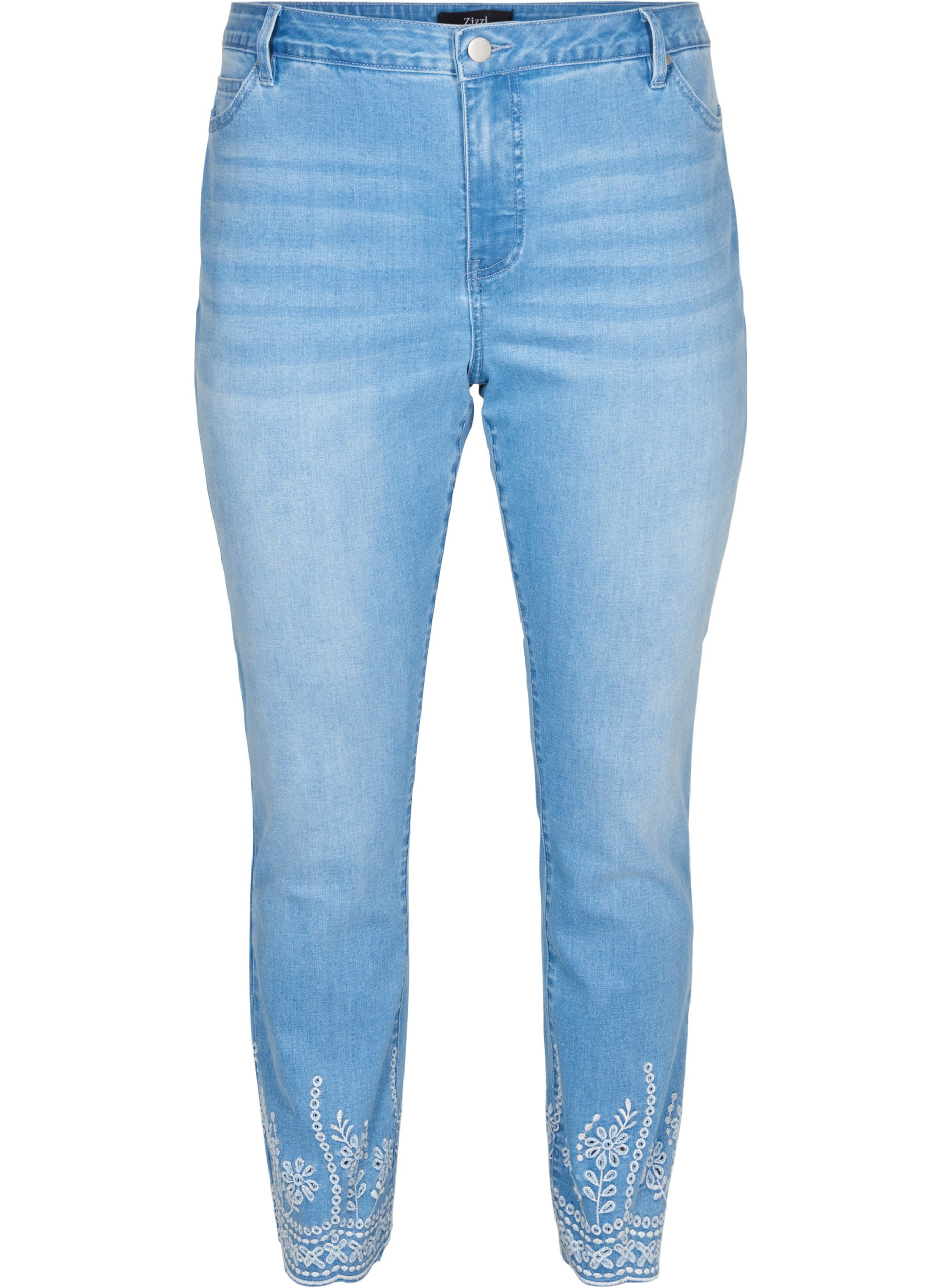 Cropped Emily jeans med broderi, Light blue denim