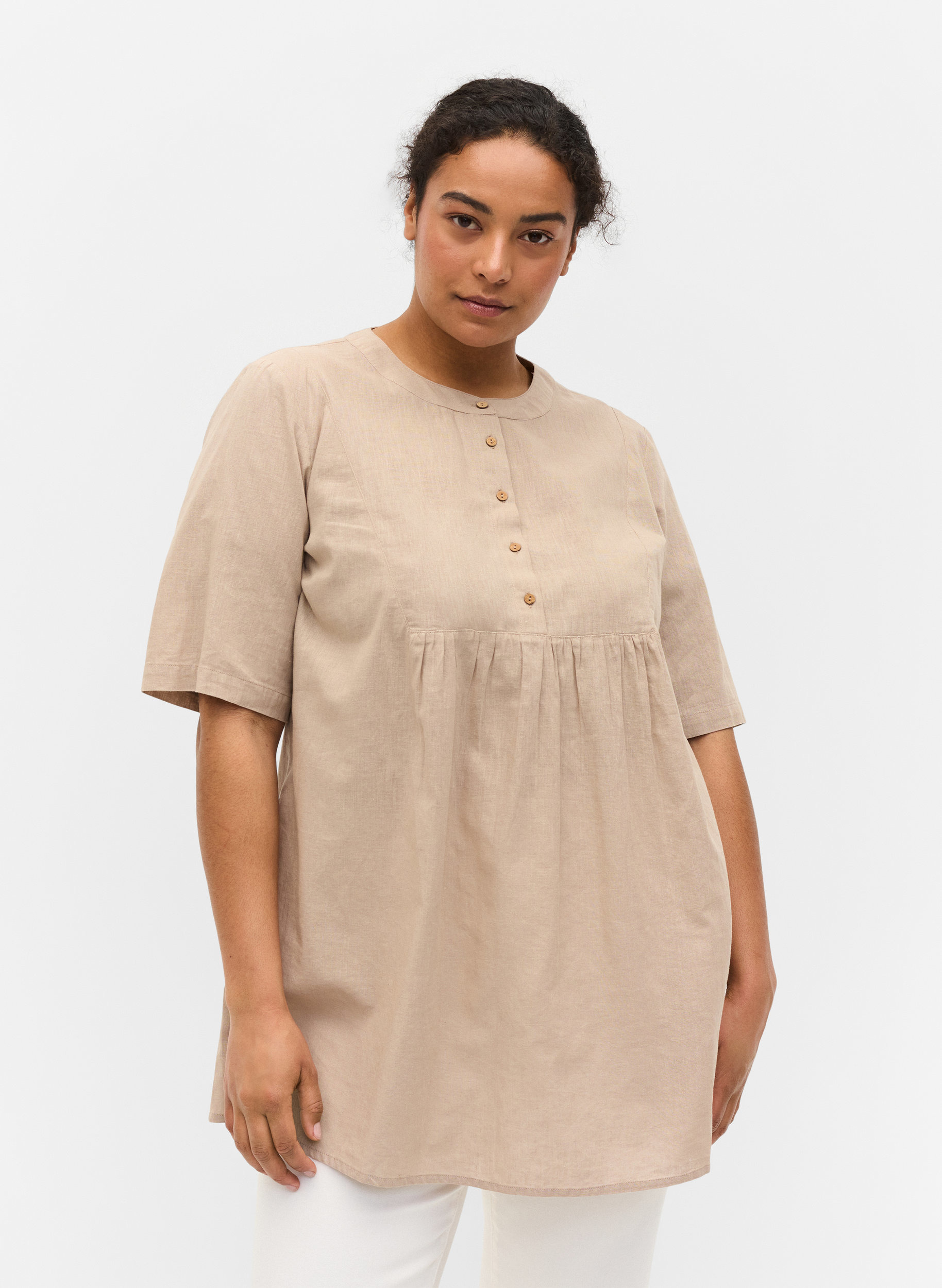 Kortermet tunika med knapper, Simply Taupe, Model