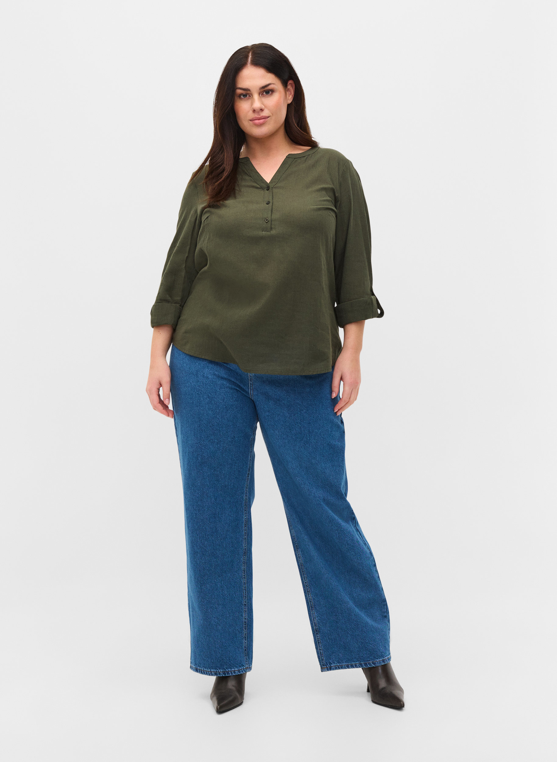 Straight jeans med høyt liv, Blue denim, Model image number 0