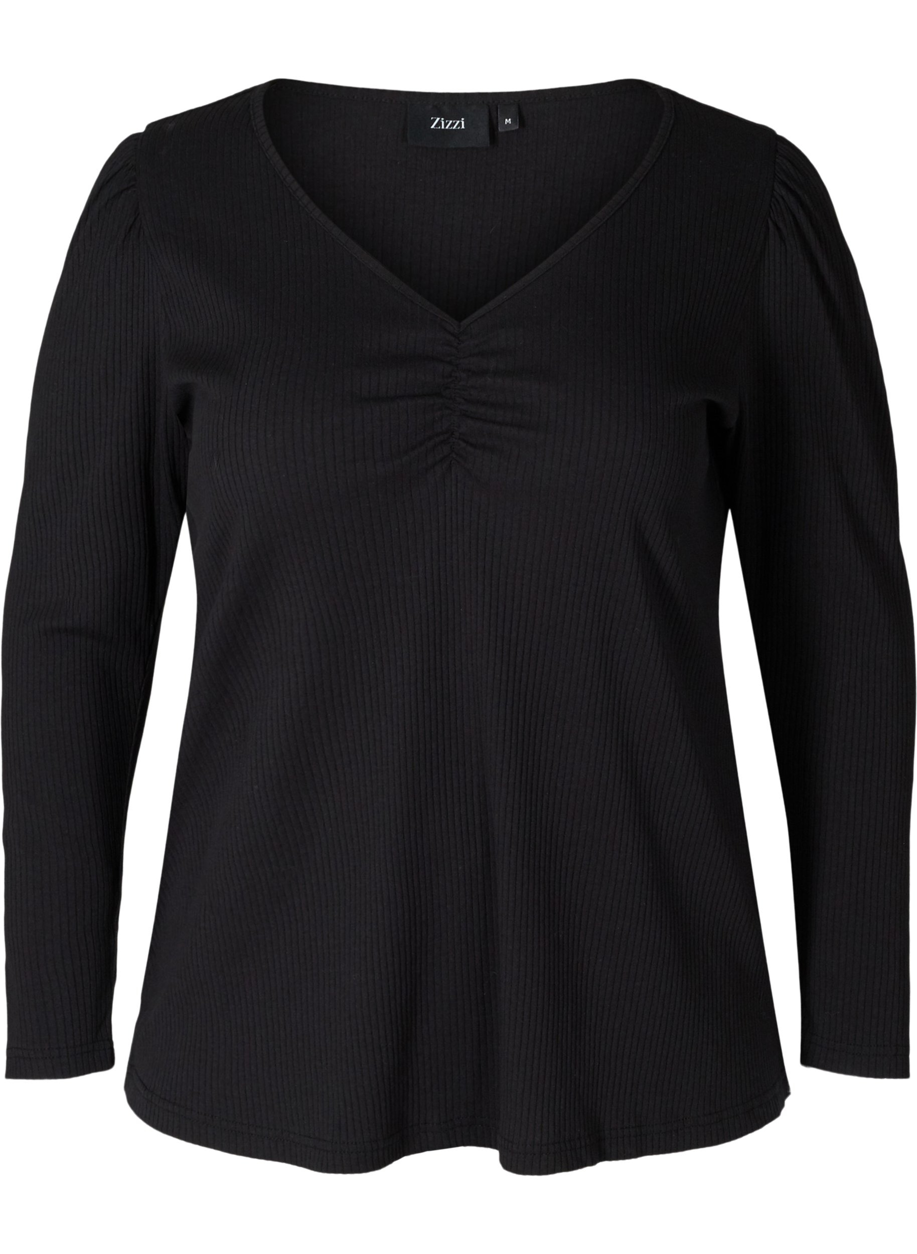 Langermet bluse med ribbet struktur og V-hals, Black, Packshot image number 0