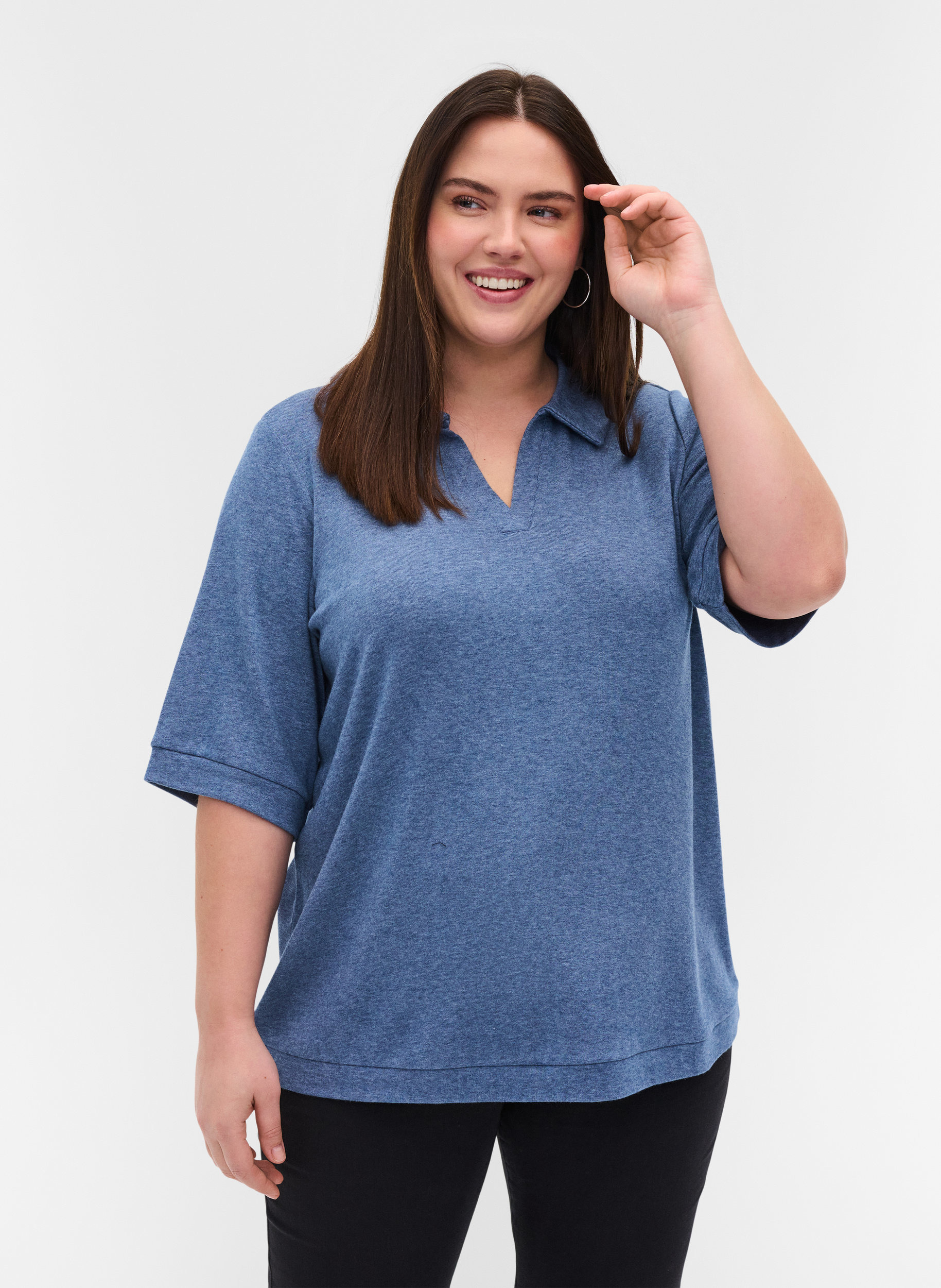 Melert T-skjorte med krage, Blue Melange, Model image number 0