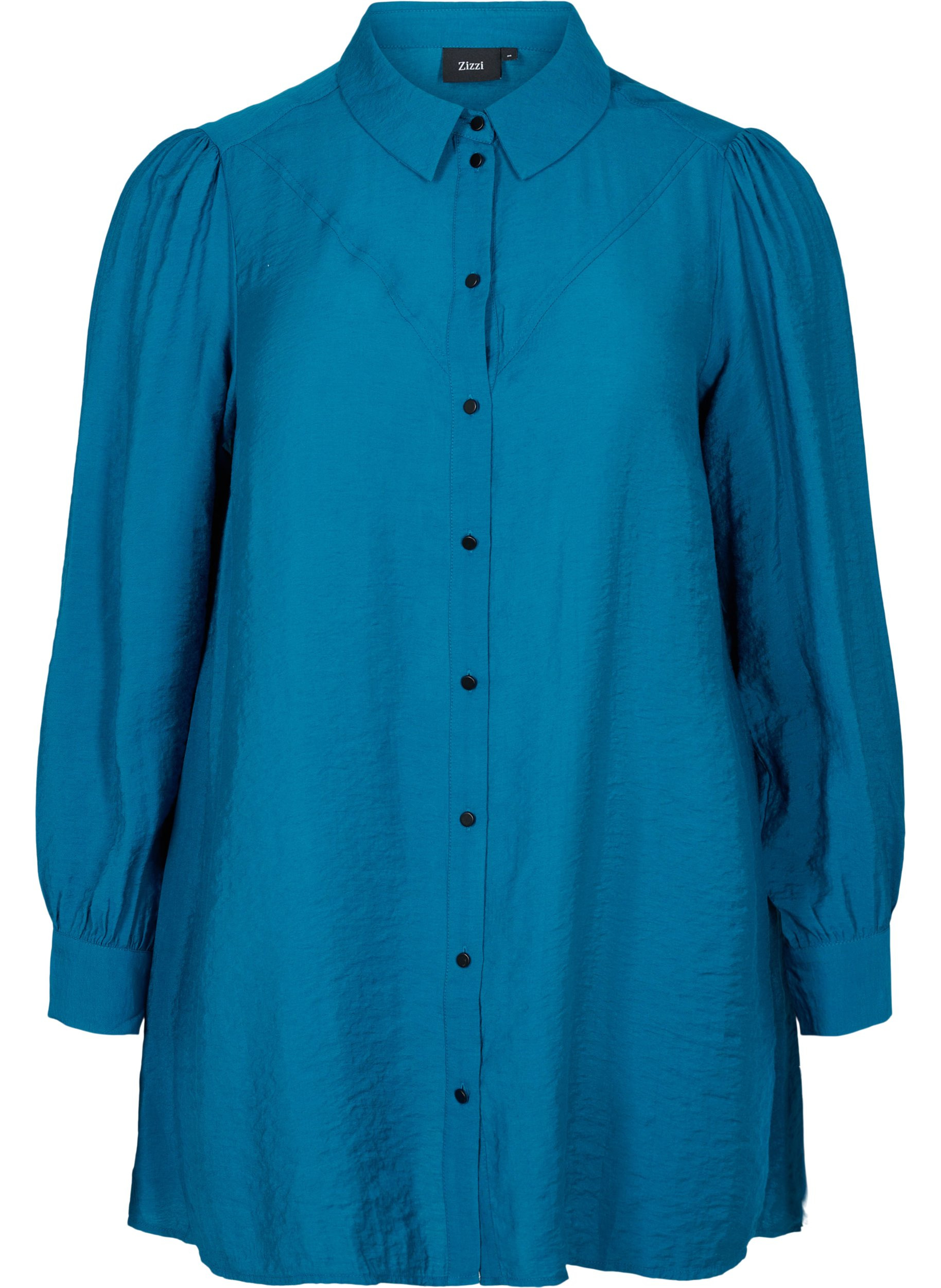 Lang ensfarget skjorte i en viskosemiks, Moroccan Blue, Packshot image number 0