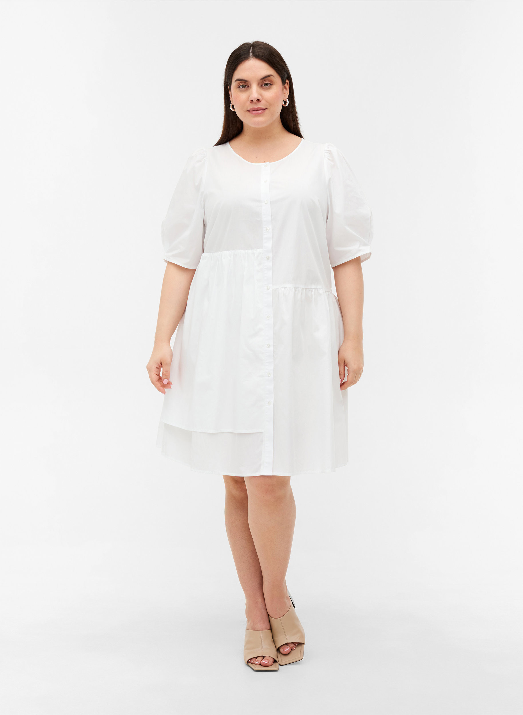 Skjortekjole i bomull med puffermer, Bright White, Model image number 2