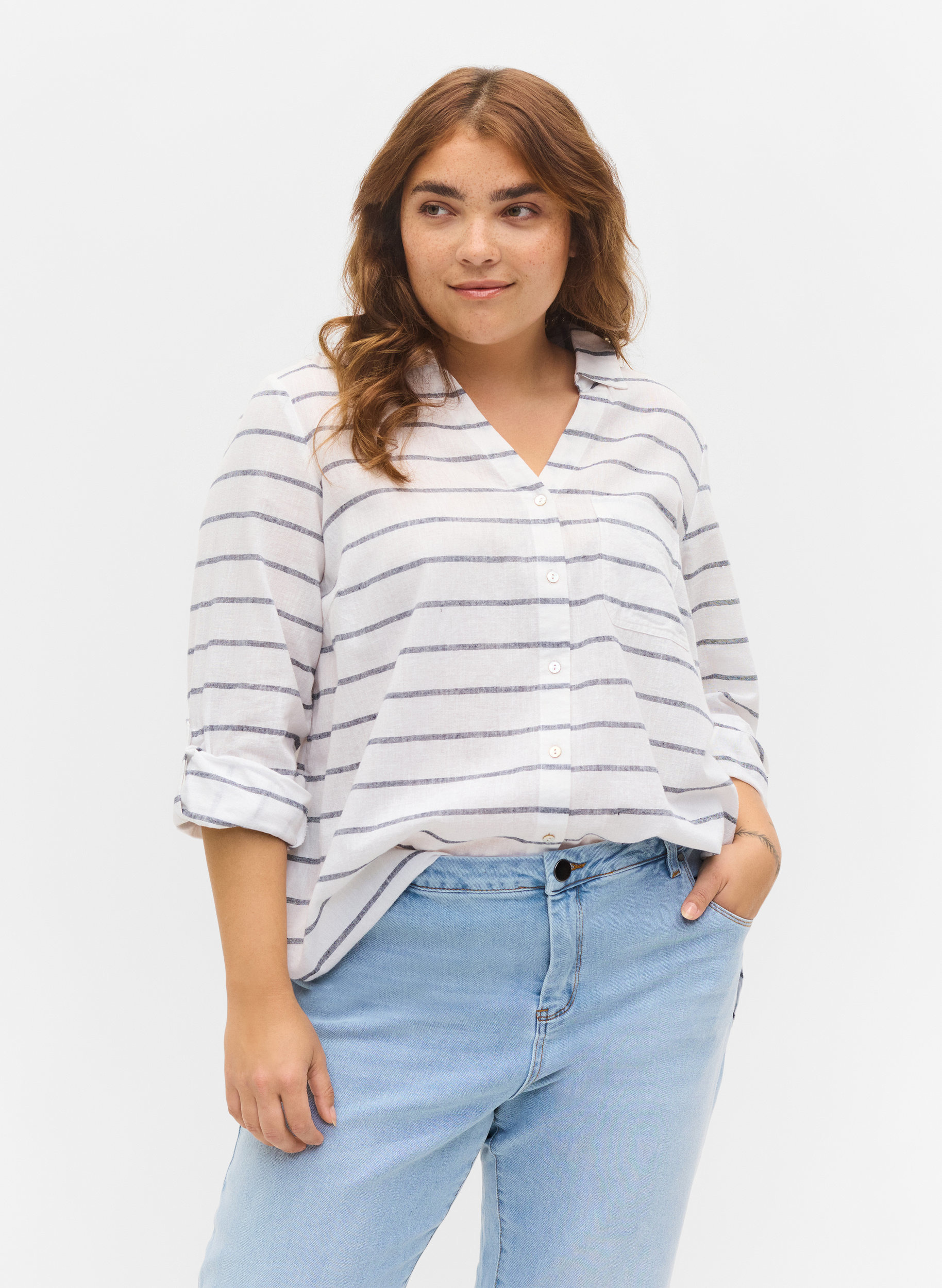 Bluse med 3/4-ermer og knapper, Navy Blazer stripe, Model