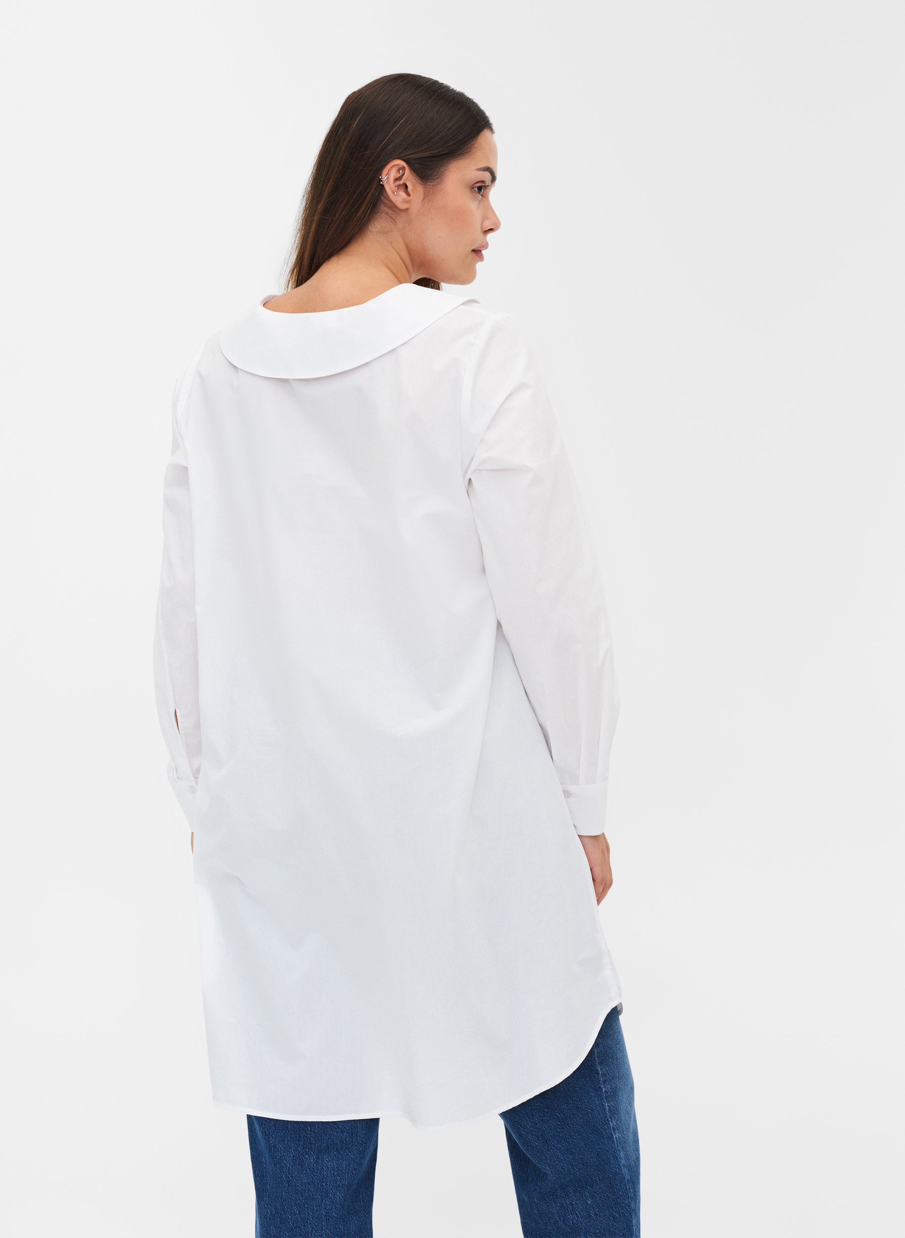 Lang skjorte i bomull med stor krave, Bright White, Model image number 1
