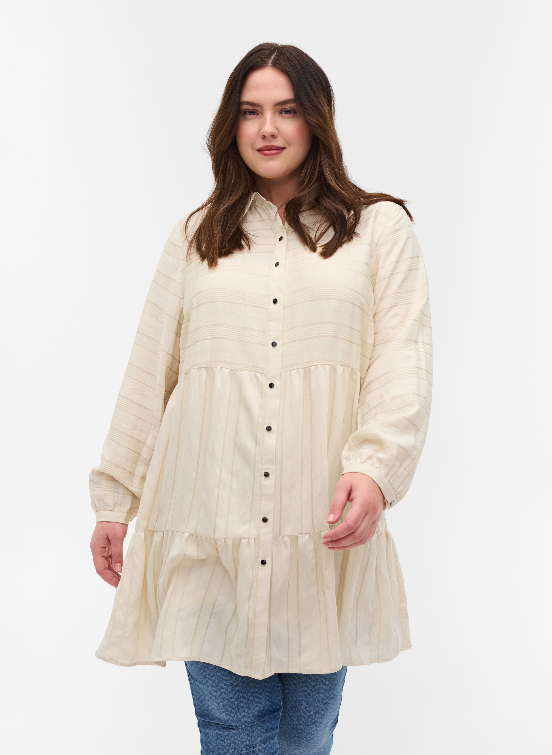 Mønstrete tunika med knapper og lange ermer, Fog, Model