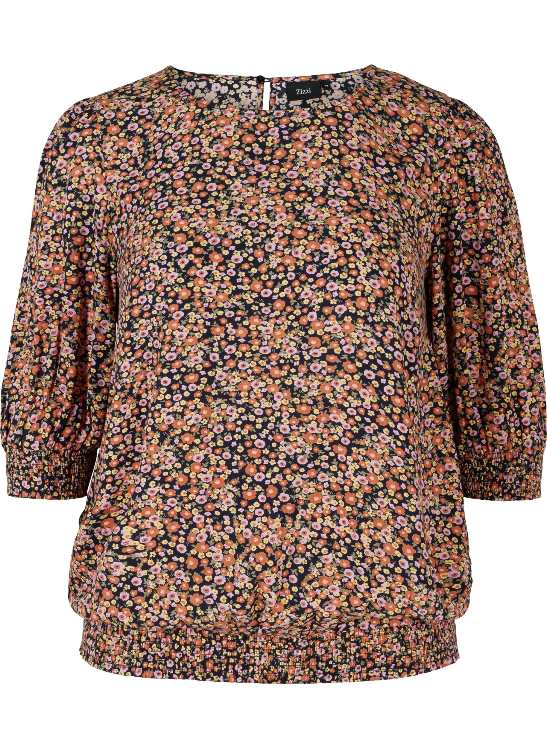 Mønstrete bluse med smock og 3/4-ermer, Ditsy Flower AOP, Packshot image number 0
