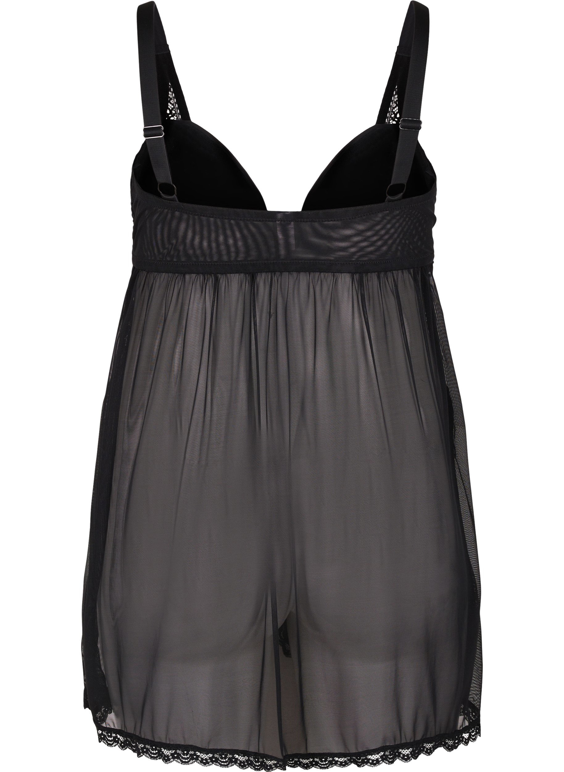 Kort nattkjole med blonder og formstøpte skåler, Black, Packshot image number 1