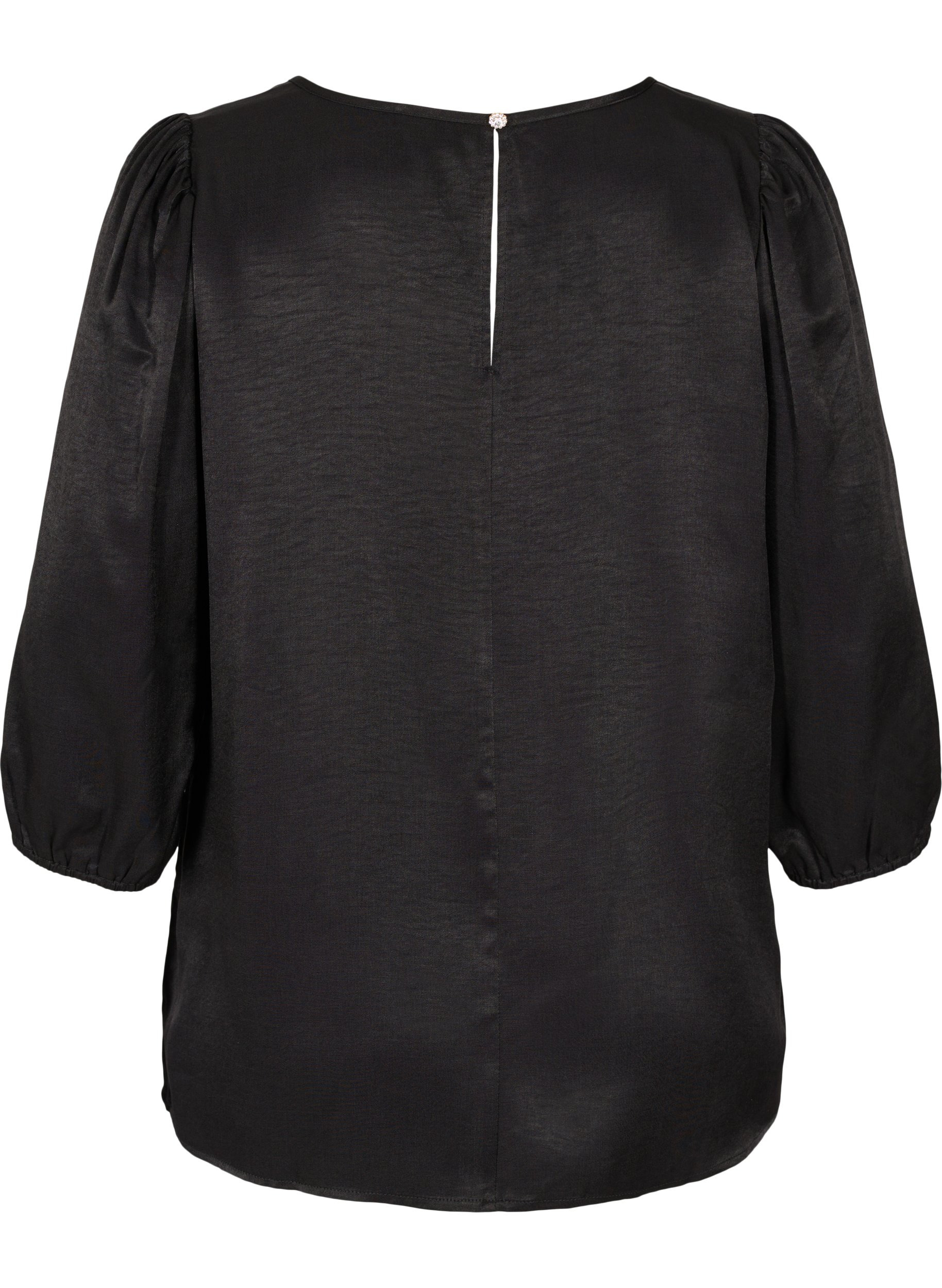 Bluse med A-form, V-hals og 3/4-ermer, Black, Packshot image number 1