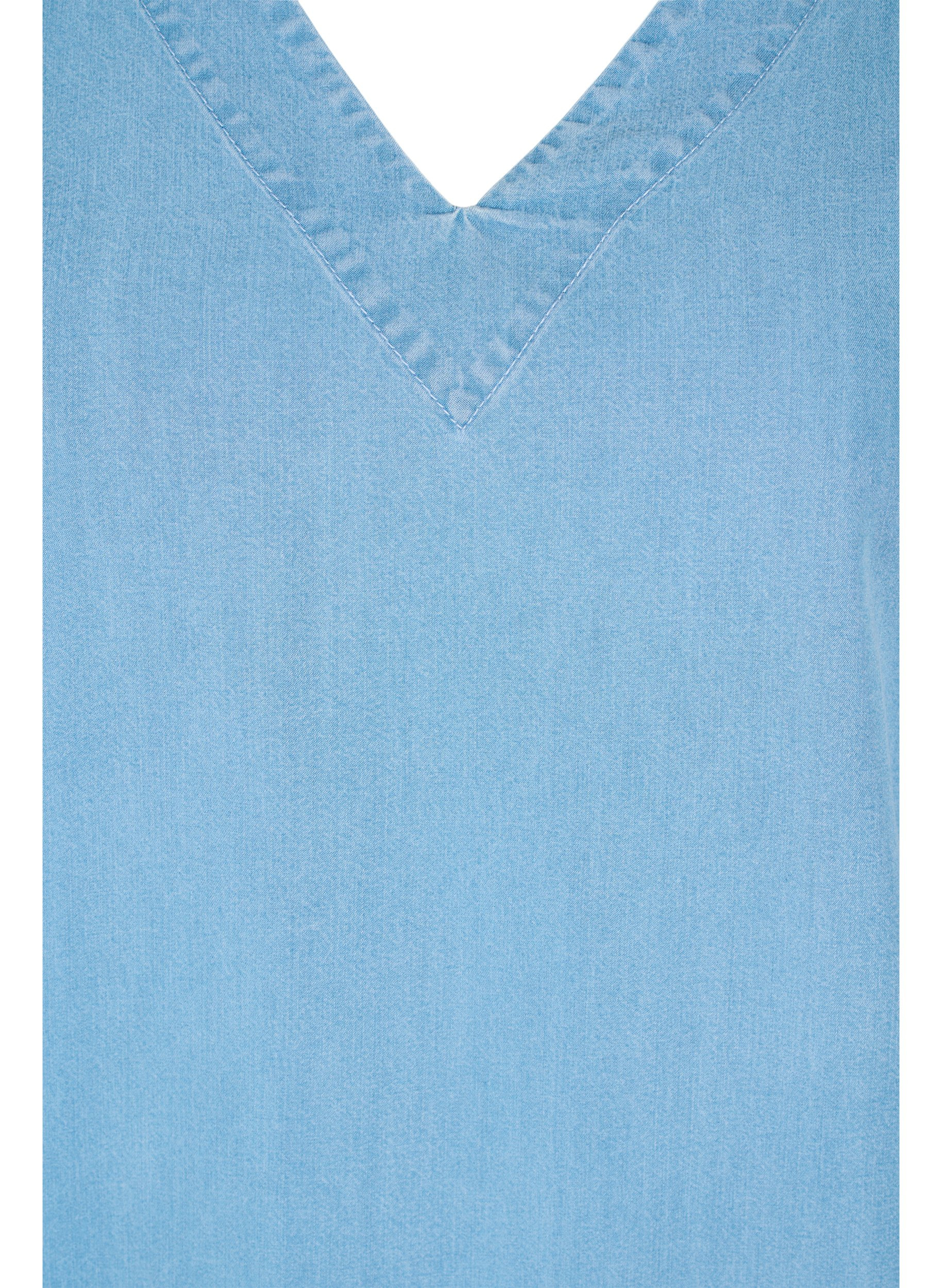 Bluse med draperte ermer, Light blue denim, Packshot image number 2